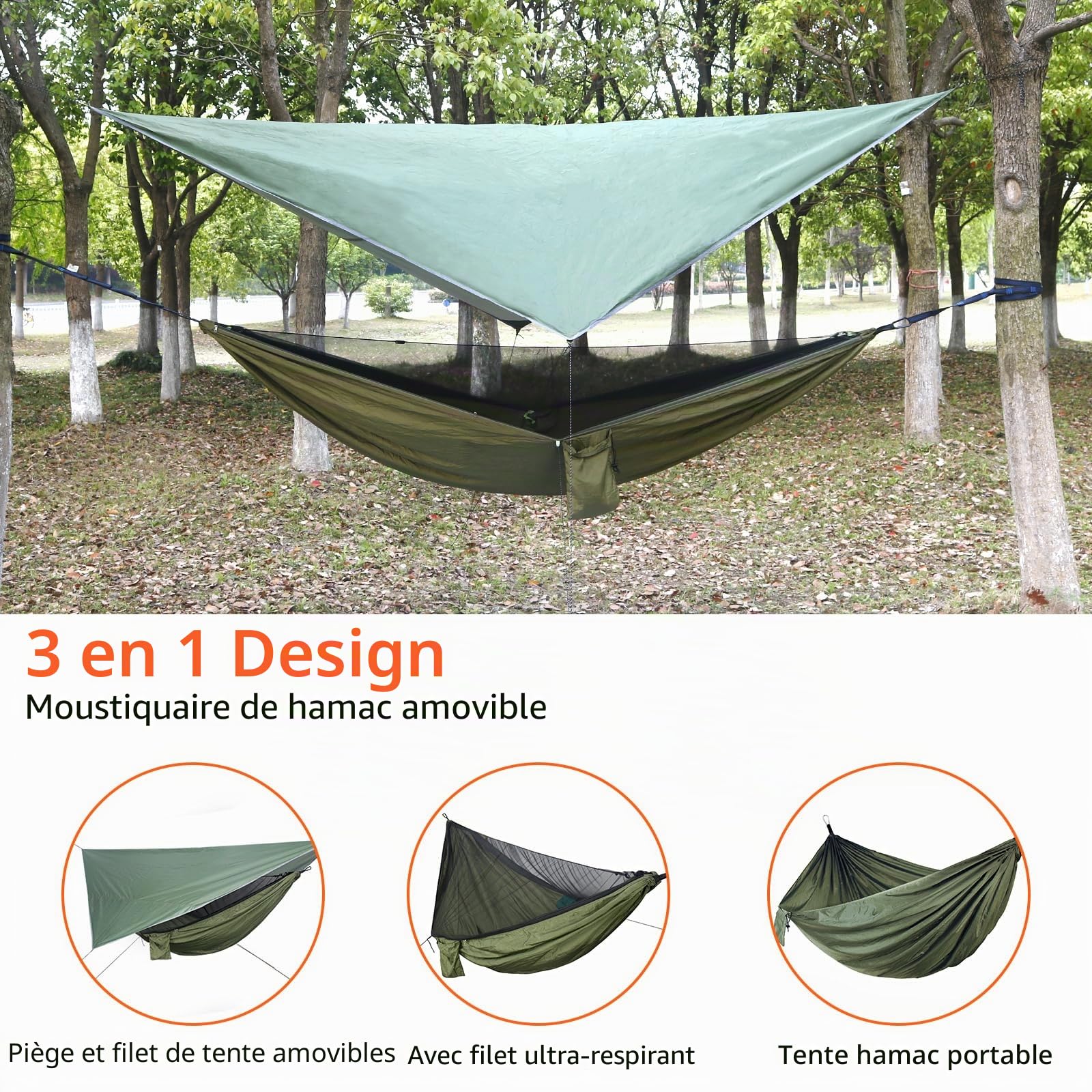 NewDoar Hamac de camping avec moustiquaire et bâche anti-pluie, ensemble de parachute portable en nylon avec sangles d'arbre, lit balançoire pour randonnée, randonnée (vert militaire)