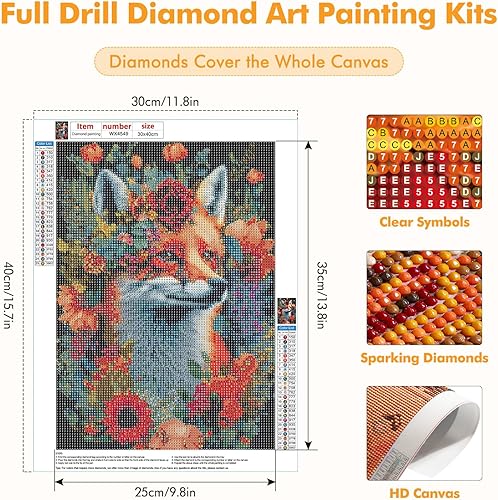 Miniatura 4 de MOGTAA Kits de pintura de diamantes de zorro para adultos, kits de arte de diamantes de flores para principiantes, kits de puntos de diamante 5D de