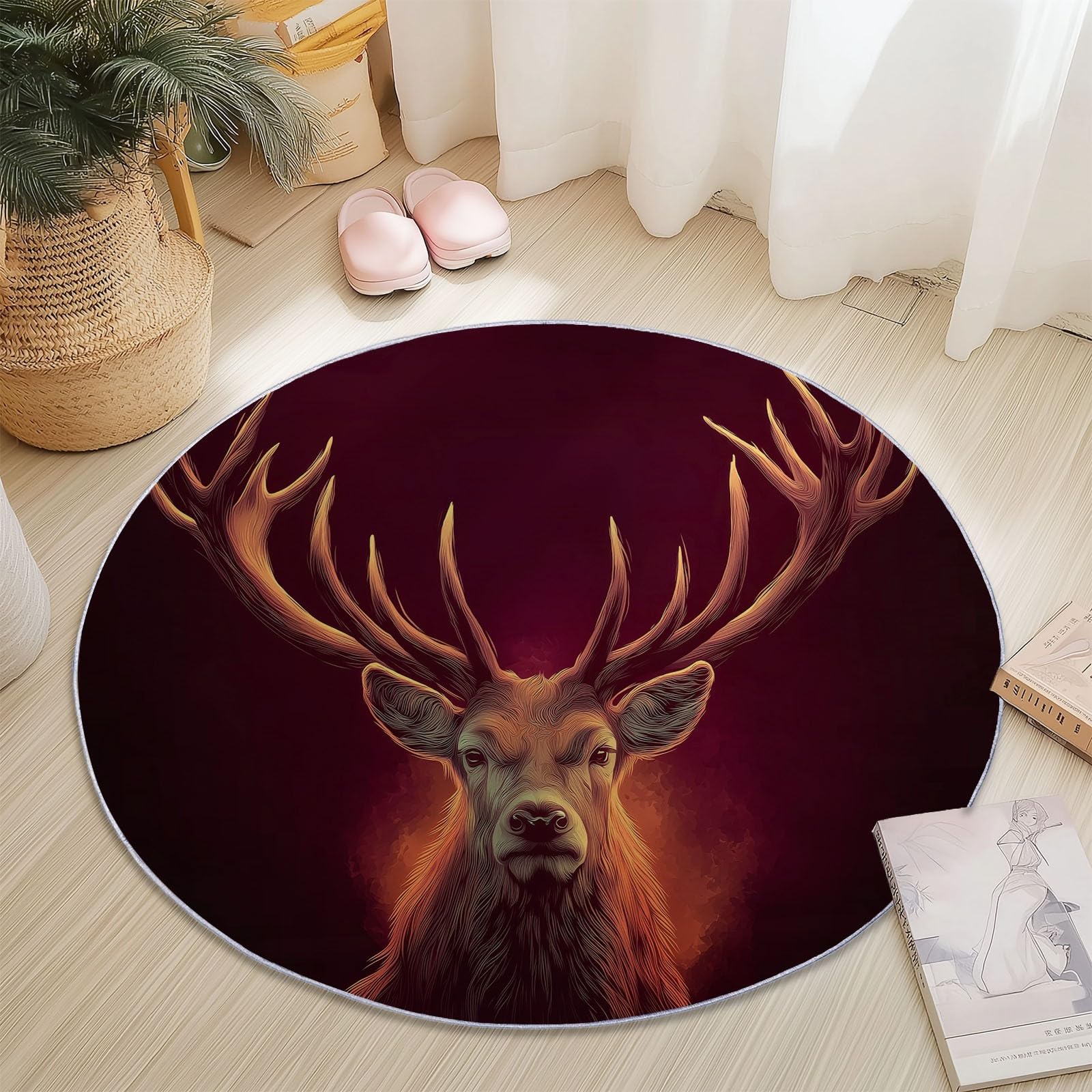 Tapis rond lavable noir 160 cm antidérapant intérieur extérieur avec motif cerf