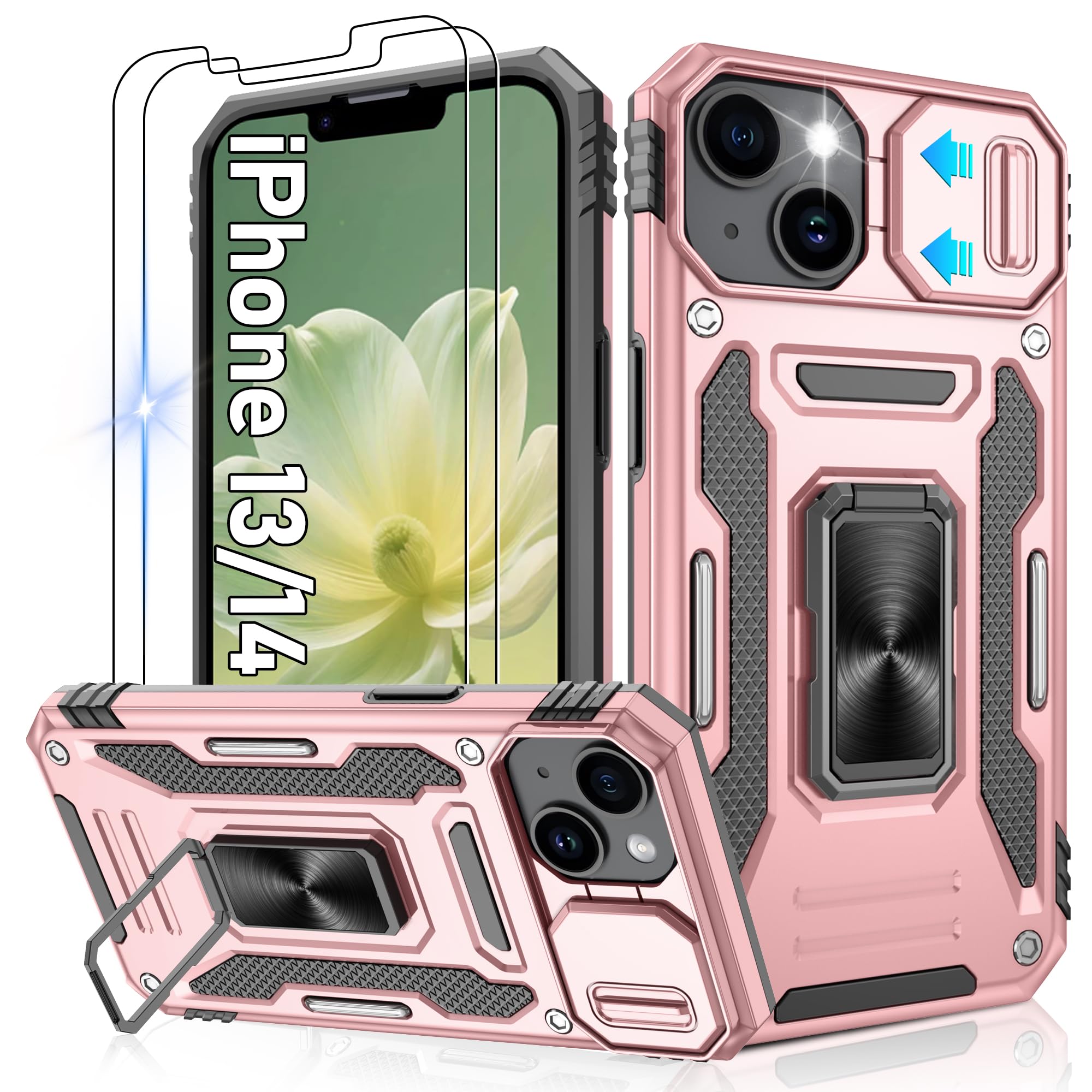 Jshru for iPhone 13/14 Phone Cases with Screen Protector [2 Pack] and Slide Camera Cover,Military Grade Shockproof Phone Case,Ring Kickstand Phone Cover,iP 13/14 Rose Gold