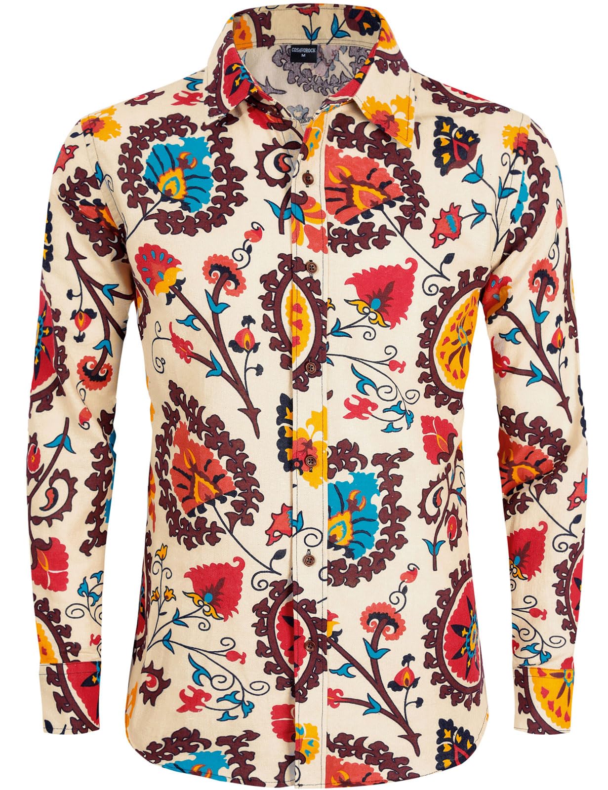 Camicia Anni 70 Hippie da Uomo Manica Lunga Camicie Floreale Fantasia Funky Casual