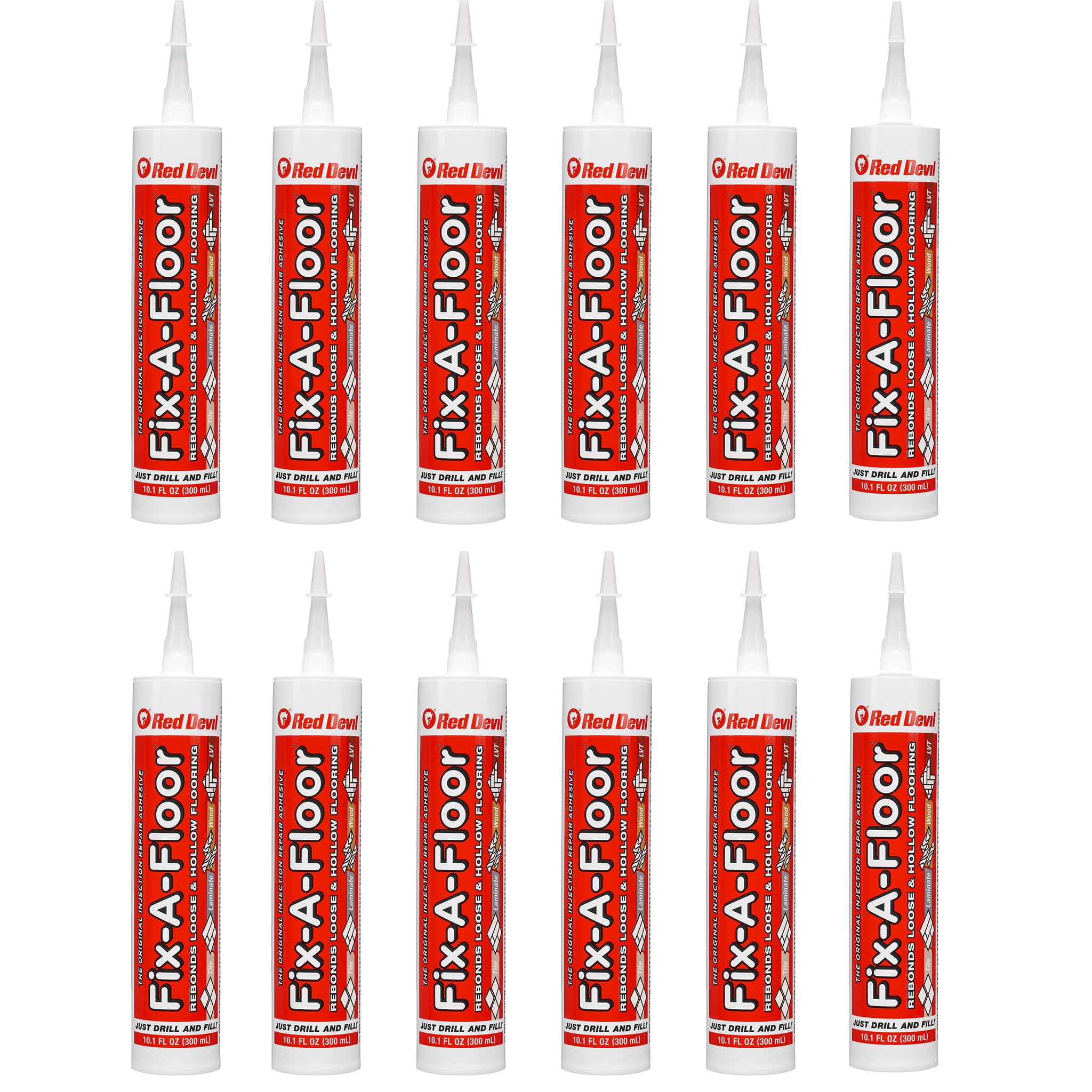 Fix-A-Floor Extra Strength Bonding Adhesive for Loose & Hollow Tiles, Wood, LVT & Laminate - Eco-Friendly & Non-Toxic - Includes 2mm and Customisable Patented Tip & Preservation Cap (Pack of 12)