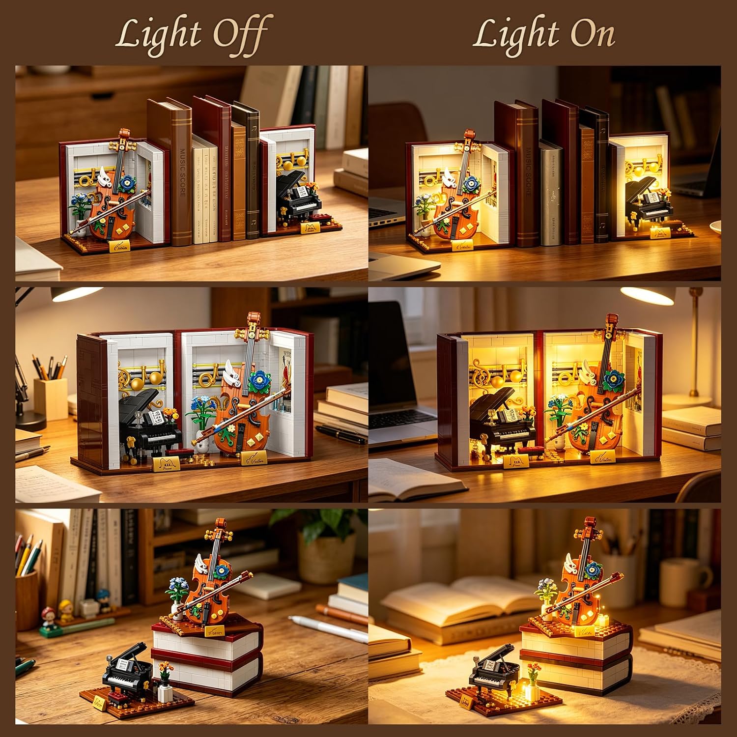 Musical Instrument Bookend Building Set with Light 028007,3 in 1 Music Theme Booknook Building Block with Piano Violin,Modular Bookshelf Model Kit,Home Decor Gifts for Adults 1520 PCS
