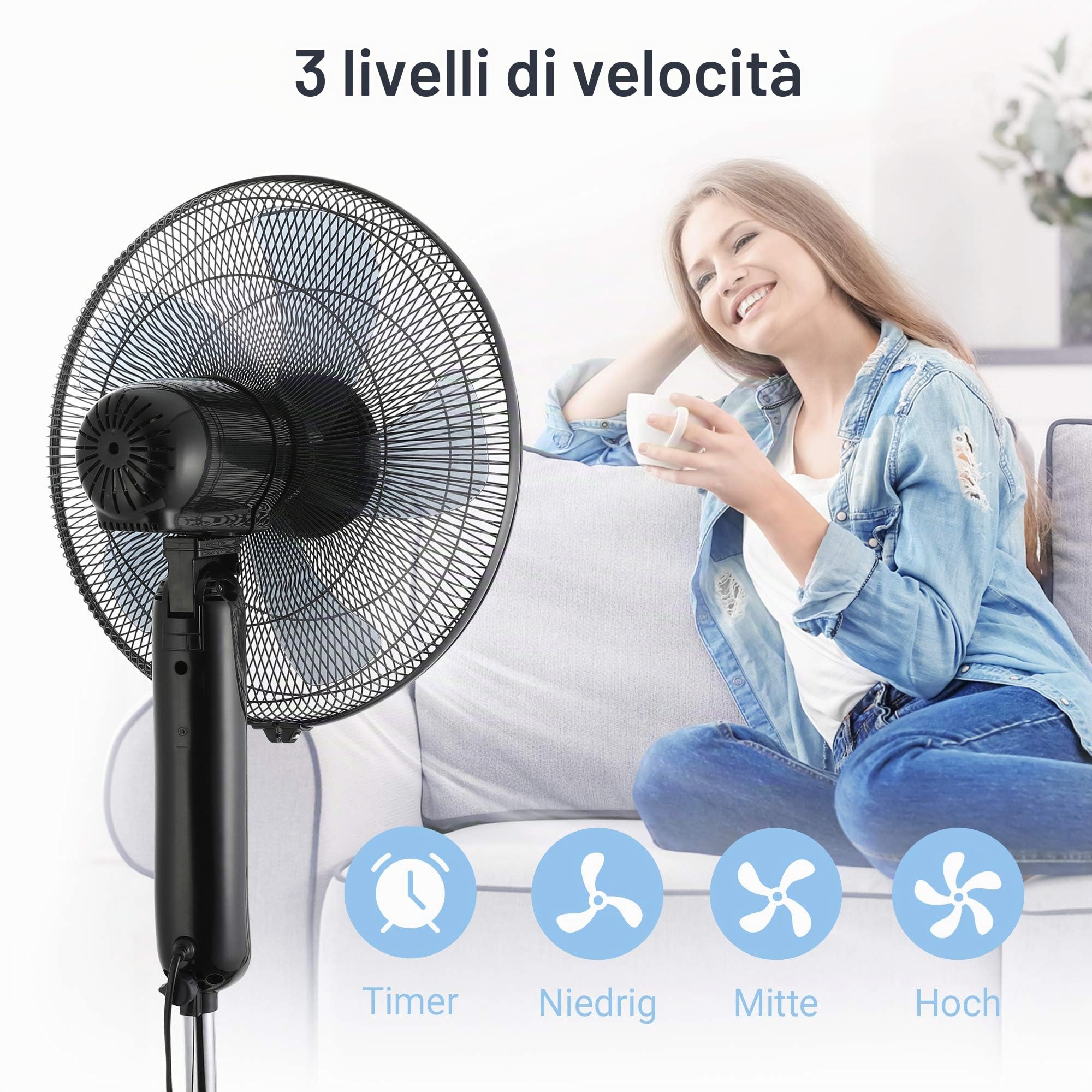 Midea FS40-15FR Ventilatore silenzioso con telecomando, 3 livelli di velocità, display LED, timer 7,5H, regolabile in altezza, funzione di oscillazione a 80°, 55 W, più potente, ventilatore