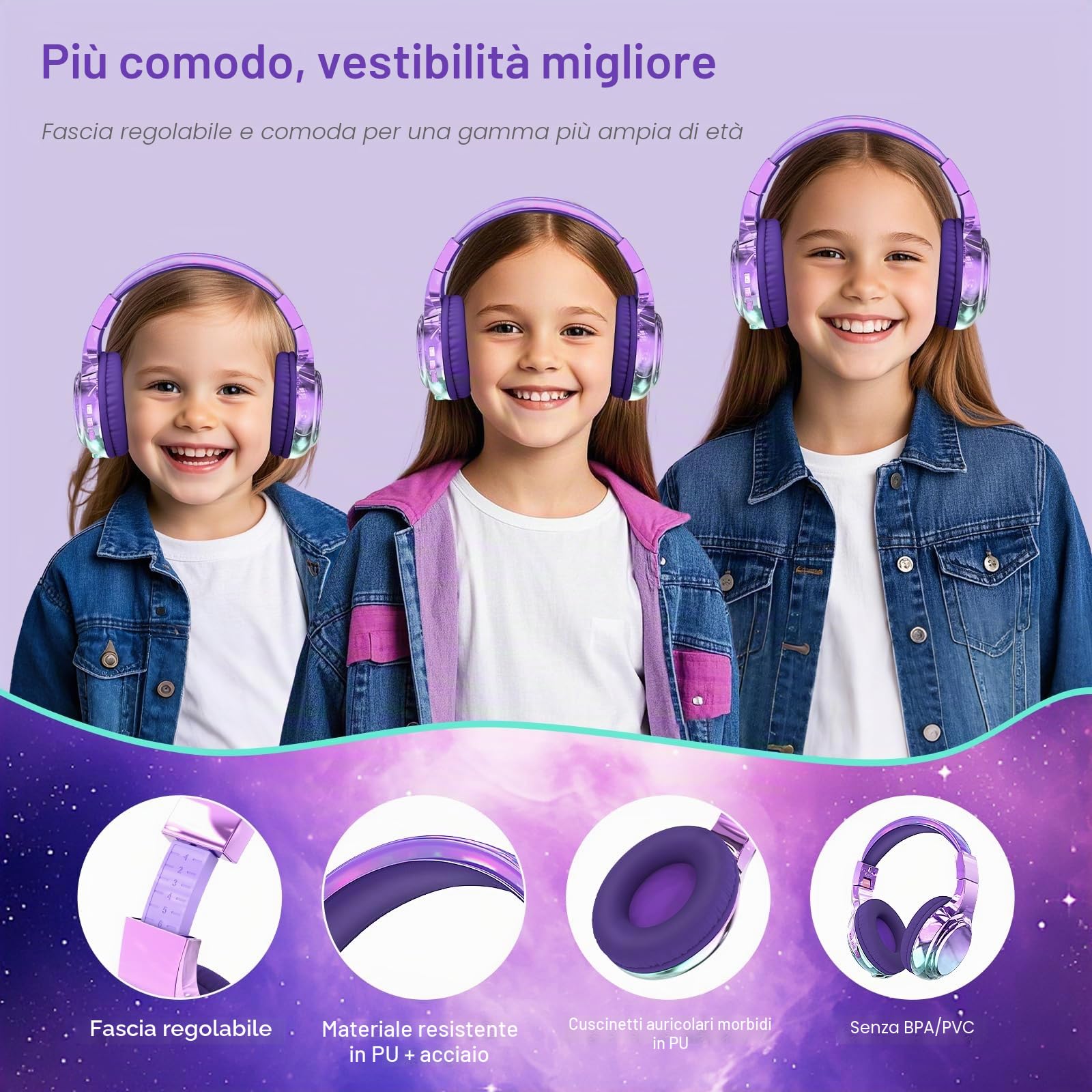 JYPS Cuffie Bluetooth Bambina, Metallico Cuffie Bambini Wireless,Cuffie Bluetooth Over Ear con Microfono per Bambini/Ragazza,Cuffie Senza Fili Pieghevoli Audio Stereo HD per TV/Musica/Scuola (Viola)