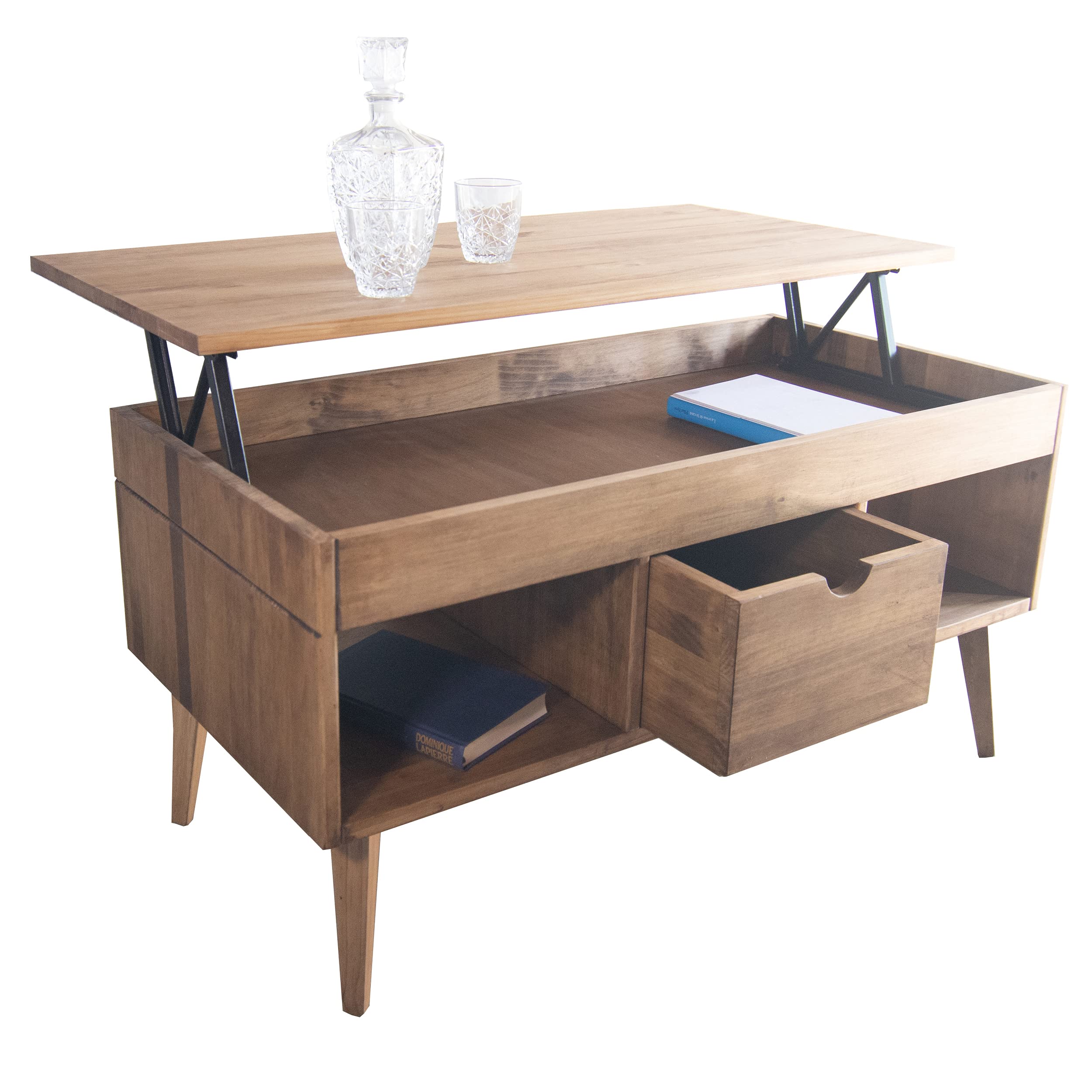 LoMasCasa - Mesa de Centro Elevable Modelo Karla con Cajón Deslizante Central, Madera Maciza de Pino Natural en Color Madera Encerada. Patas Cónicas. Medidas 100 x 50 x 47 cm