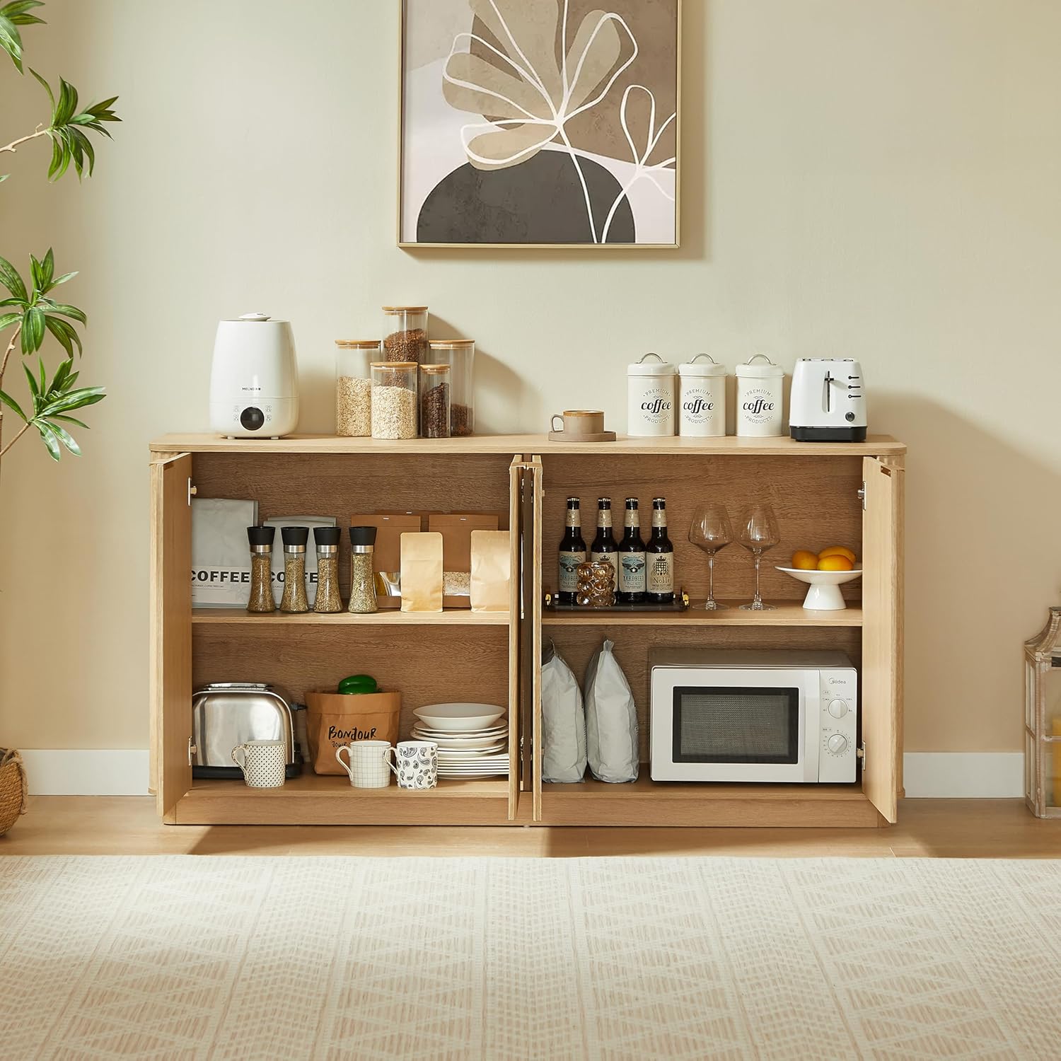 63" Sideboard Buffet Cabinet with Storage,Fluted Modern Credenza Wood Accent Cabinet Media Console Cabinet for Living Room Entryway(Oak)