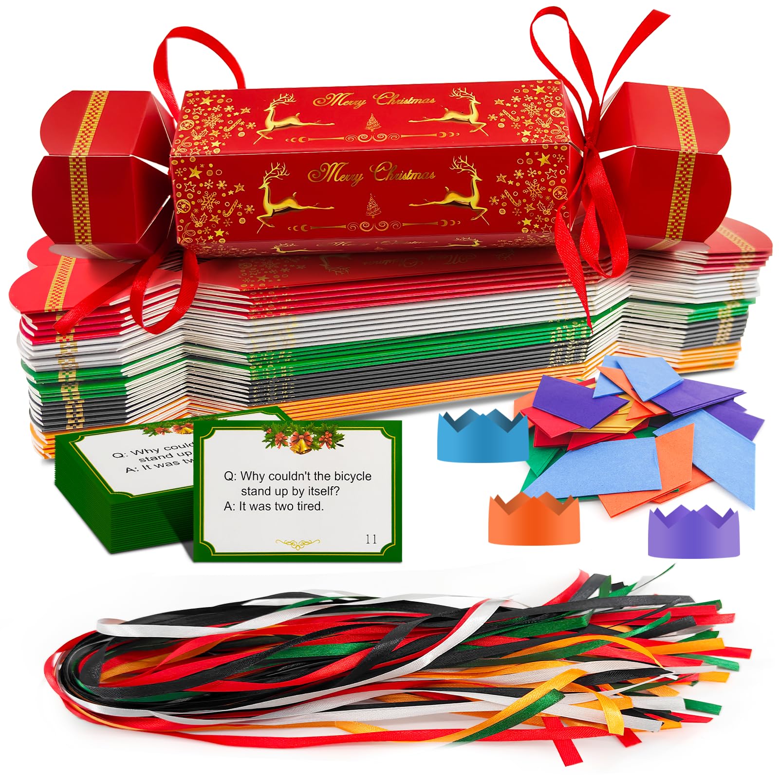 Shudyear 30 Packs Christmas Crackers, Make Your Own Xmas Cracker Kit, Christmas Party Cracker Candy Paper Boxes Novelty Decorations, Xmas Family Cracker Gift with Hats Riddle Cards, No Snap