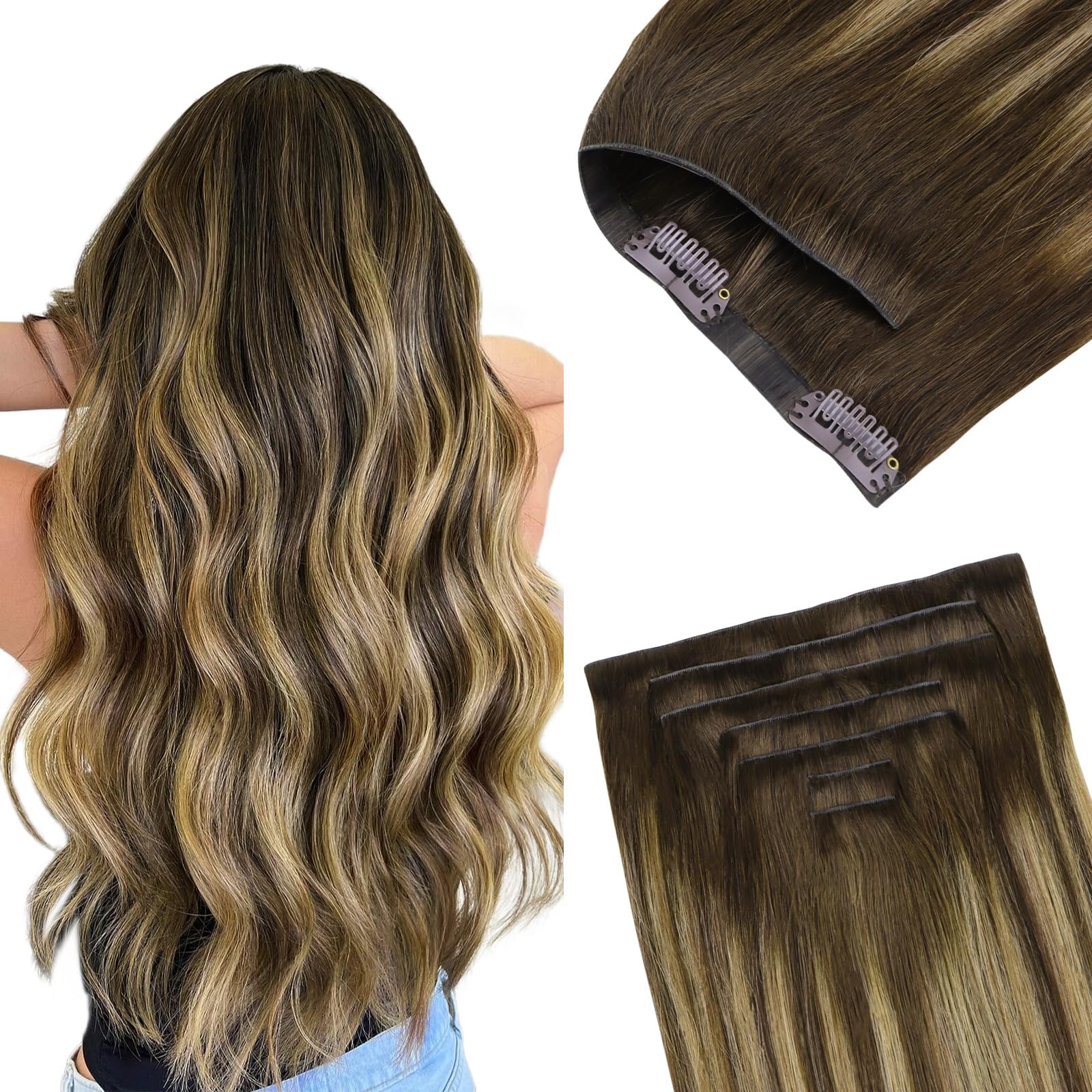 GOO GOO Invisi Edge Clip in Hair Extensions 20inch 110g 7Pcs Injected Seamless PU Clip in Hair Extensions, Virgin Real Human Hair, 4/27/4 Balayage