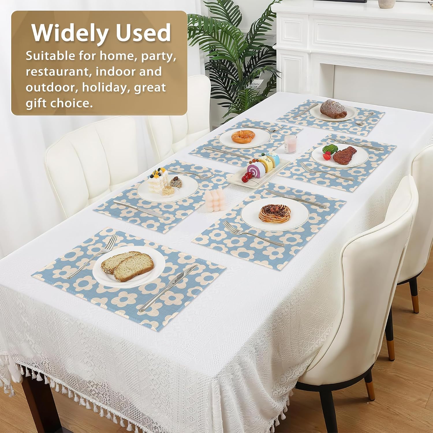 Vintage Groovy Blue Flowers Placemats Set of 6 Linen Washable, Heat-Resistant 12x18 Inch Table Place Mats for Kitchen Dining for Home Party Holidays
