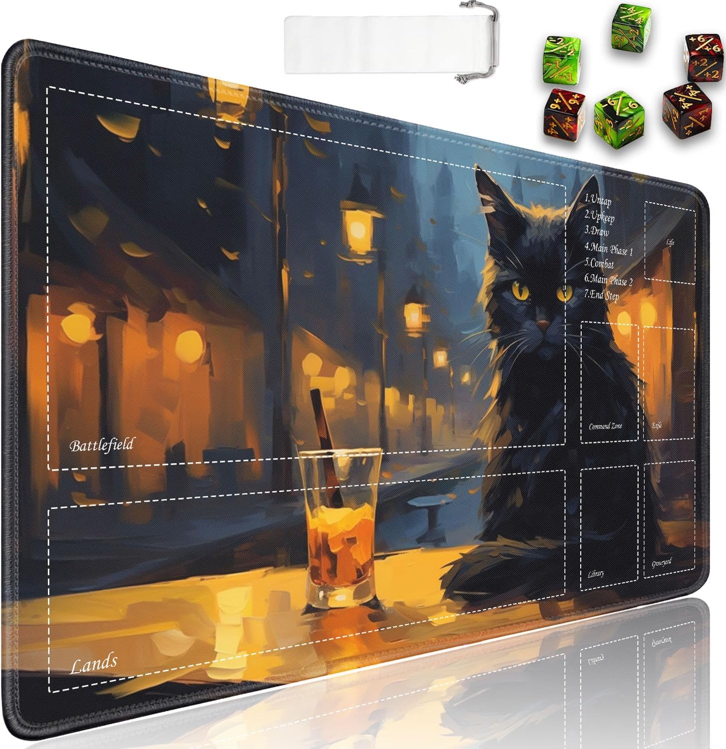 JVGFYNKL for TCG Playmat, Playmat with Zones, 24x14 in Non-Slip Rubber for MTG Playmat with Drawstring Travel Pouch and 6 Dice, Black Cat at Cafe at Night for MTG Mat, Card Game Playmats