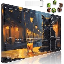 JVGFYNKL for TCG Playmat, Playmat with Zones, 24x14 in Non-Slip Rubber for MTG Playmat with Drawstring Travel Pouch and 6 Dice, Black Cat at Cafe at Night for MTG Mat, Card Game Playmats