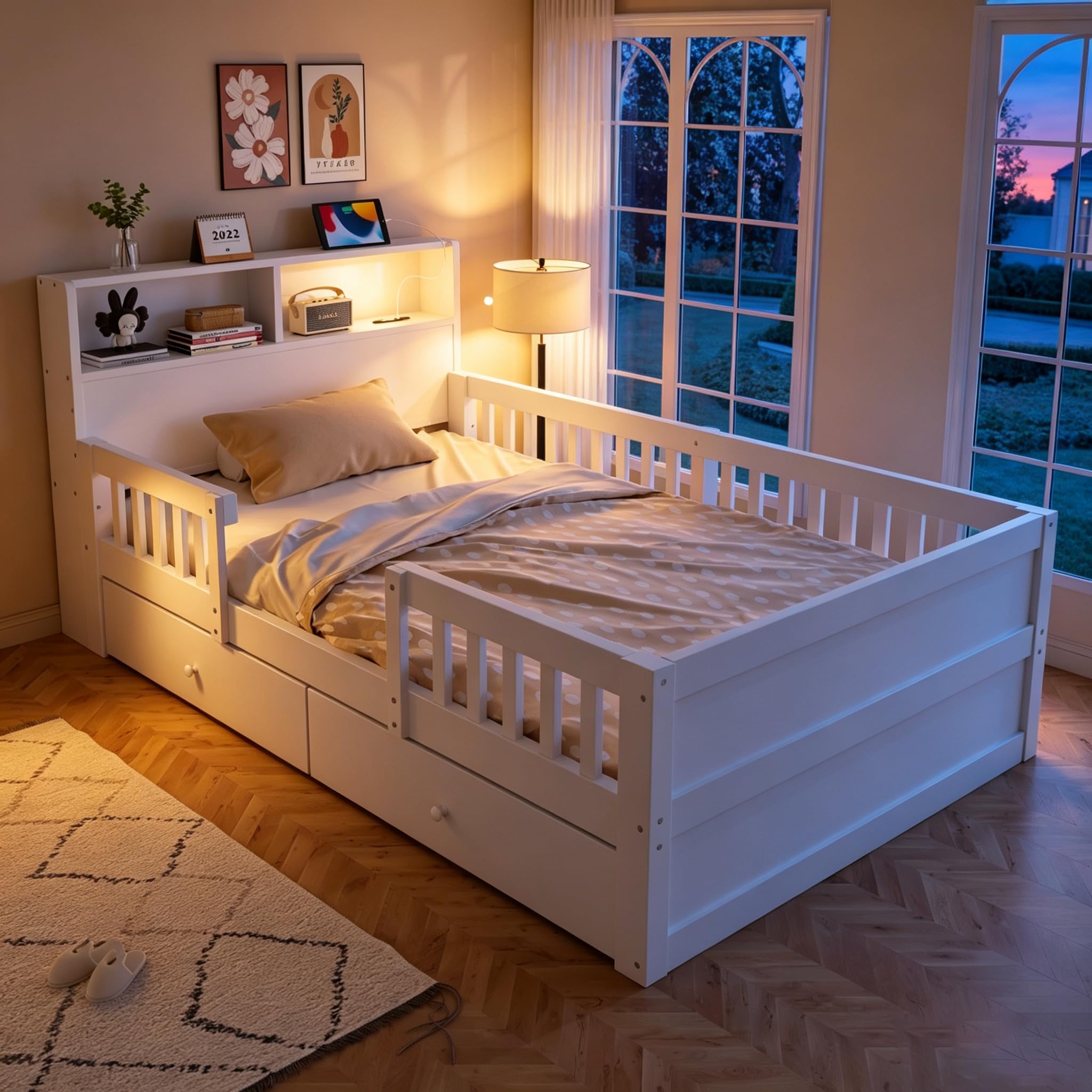 Cama de Madera de 90x190 cm, cabecero con repisa, Color Blanco