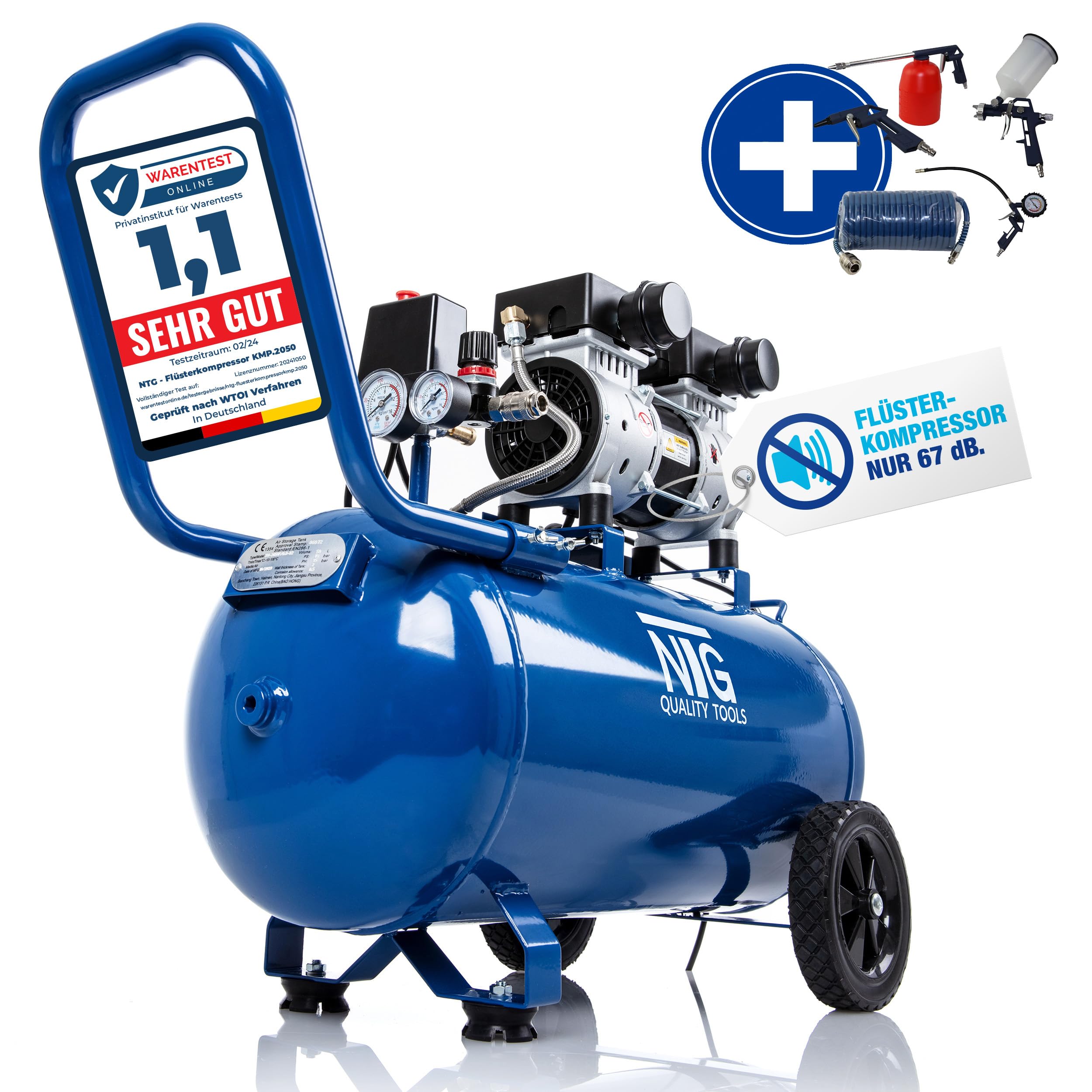 NTG Silent Compresseur 9 bars | Réservoir de 50 litres | Puissance puissante 1470 W | Sans huile | Particulièrement silencieux et flexible à utiliser avec manomètre et régulateur de pression Réservoir