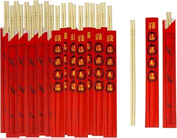 Klex Premium Disposable Bamboo Round Chopsticks 9 Inches - Individually Wrapped with Red Sleeves, Eco-Friendly Chopstick for Asian Restaurants, 100 Pairs