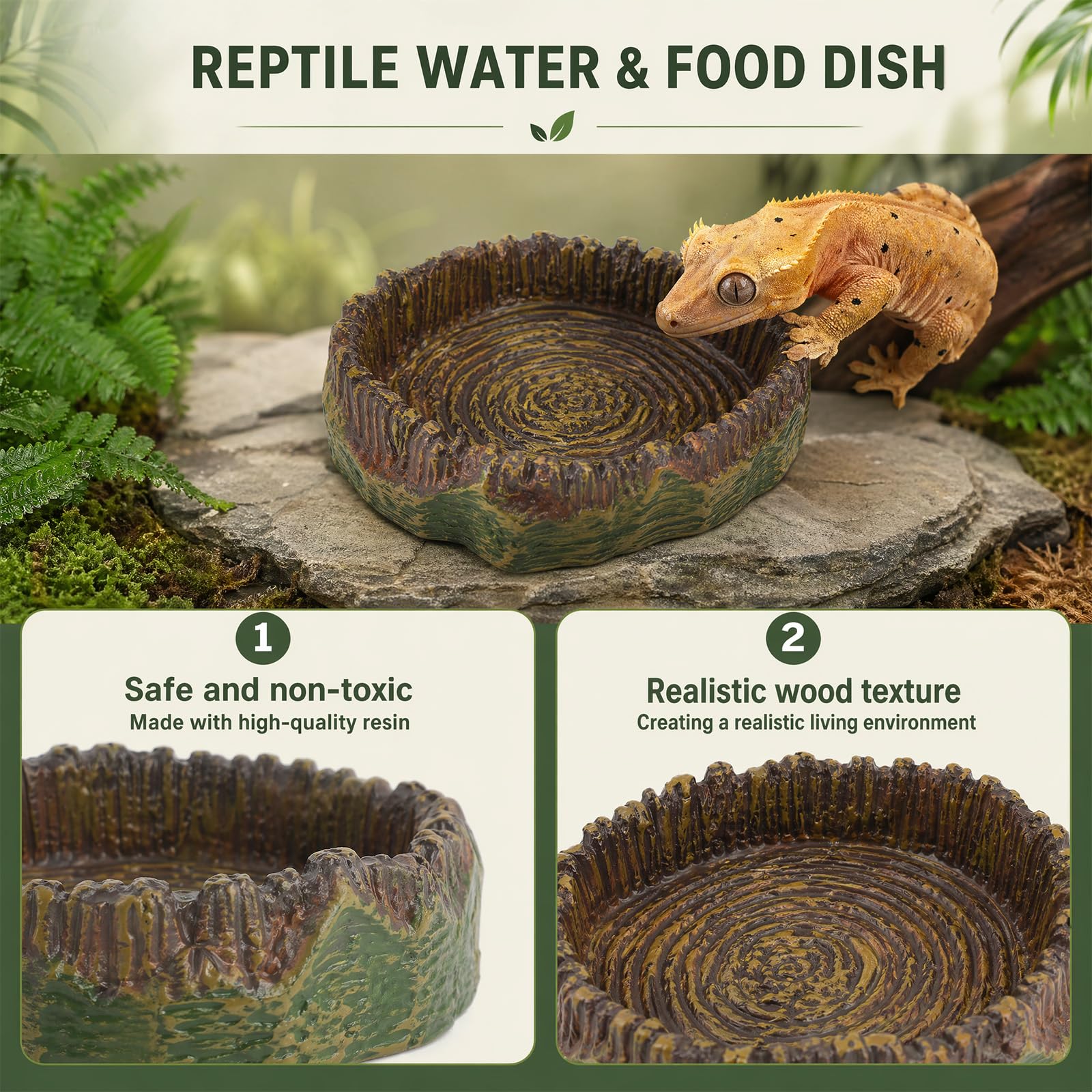 Cuenco de agua, terrario, cuenco de agua, reptiles, comedero para reptiles, terrario, tocón de árbol realista, decoración de terrario, 2 unidades para gecko, barba, lagarto, tortuga, hábitat — view 4