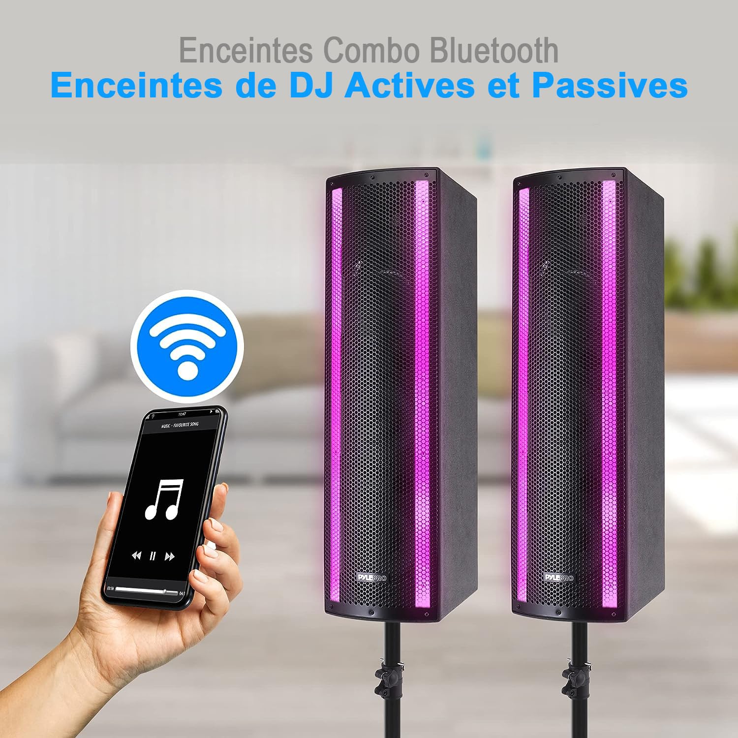 Pyle Système de Haut-Parleur Portable Bluetooth PA 3 Voies Actif & Passif pour l'extérieur Système PA Portable avec entrée Microphone, lumières de fête, trépied Radio FM, télécommande, Noir