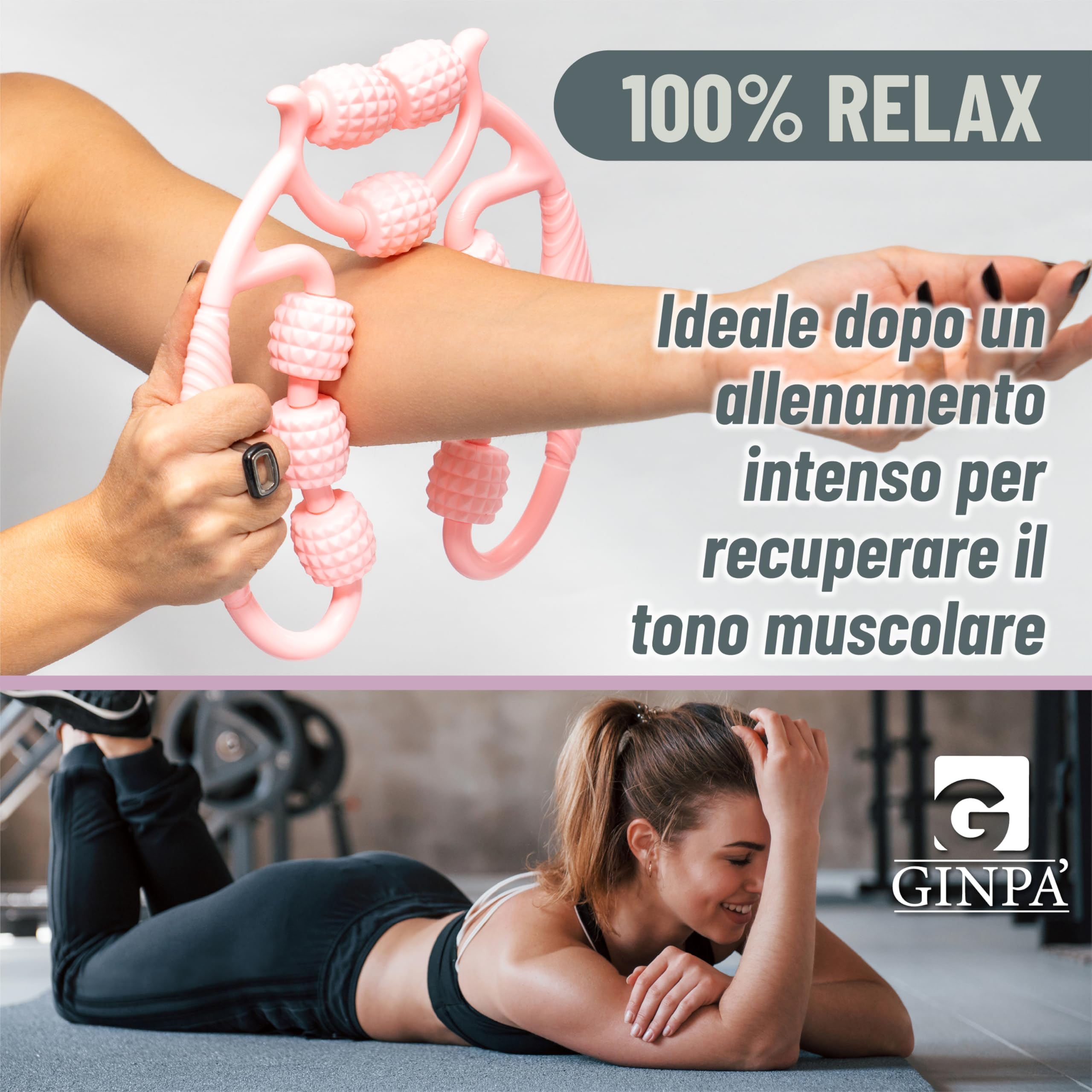 Rullo Anticellulite Manuale a 9 Ruote GINPA' – E-Book incluso - Massaggiatore Gambe, Cosce e Glutei – Massaggio Muscolare Profondo – Forma Ergonomica in ABS Resistente – Anti-Lividi, Facile da Usare