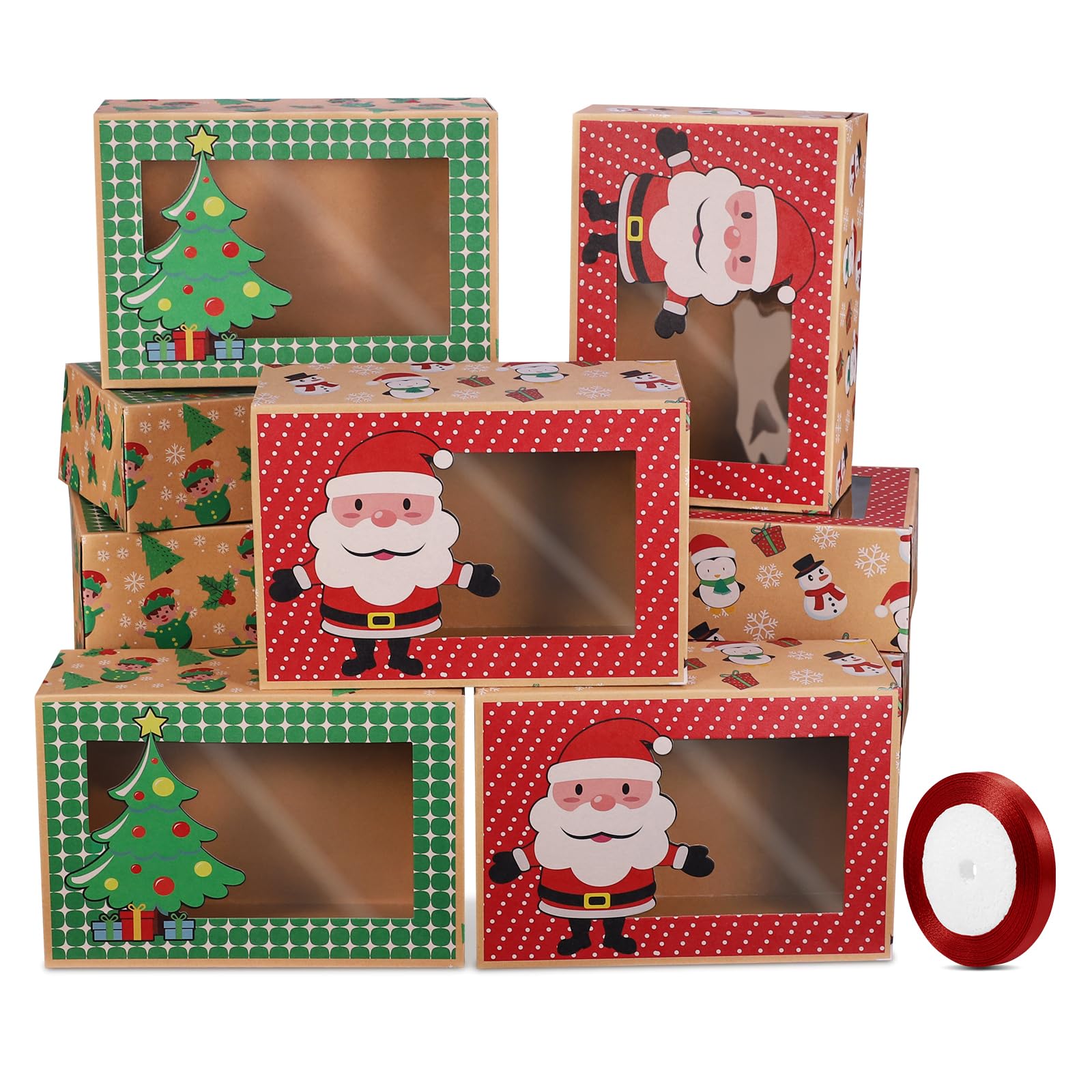 MAMUNU 12 scatole natalizie per biscotti con finestra trasparente, regalo di Natale, cupcake, caramelle, con adesivi e corde di carta, per feste di Natale, 22,5 x 15,5 x 7 cm