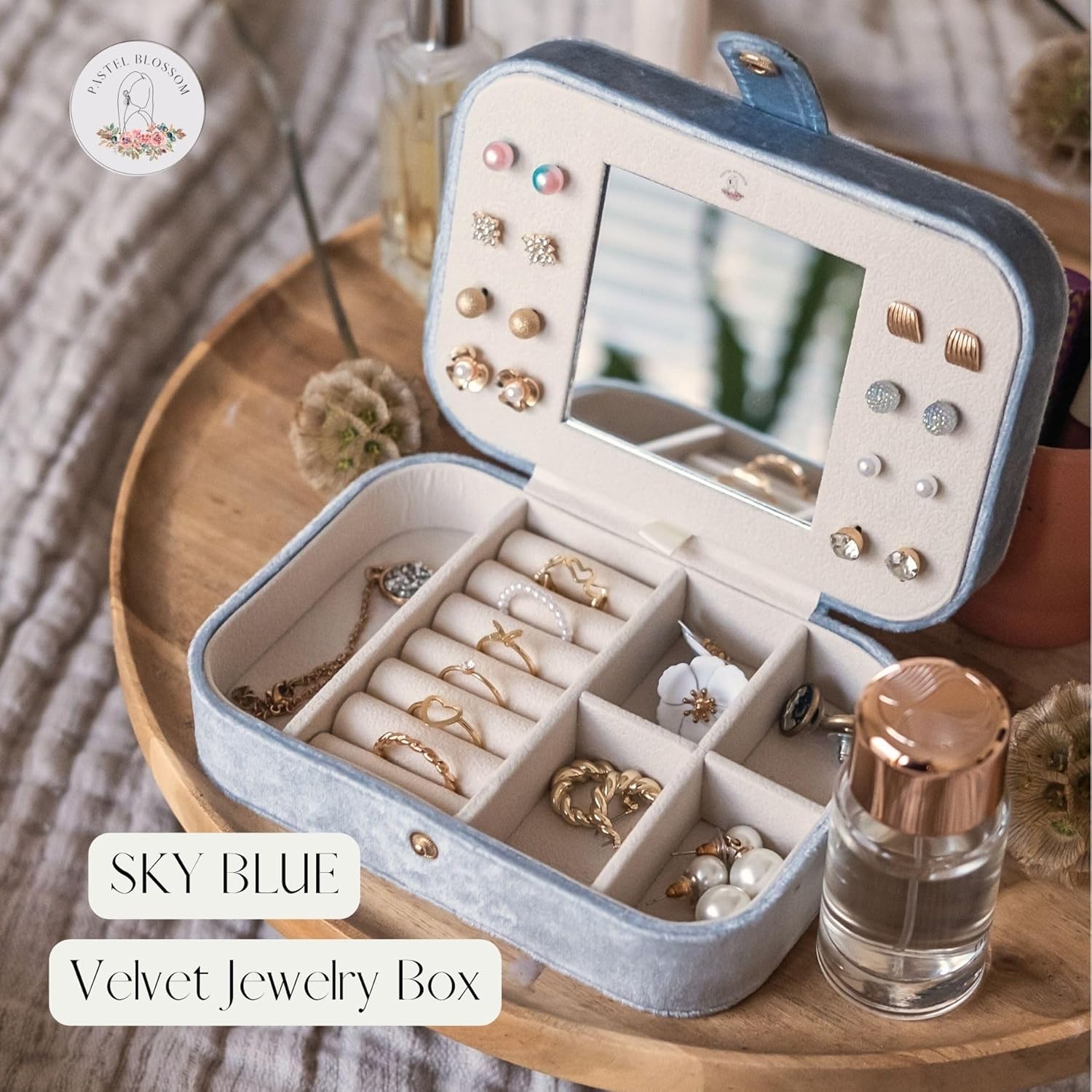 Pastel Blossom Velvet Travel Jewelry Box with Mirror – Small Jewelry Organizer Case for Women – Portable Storage for Rings, Earrings, Necklaces & Bracelets – Sky Blue – Gift-Ready
