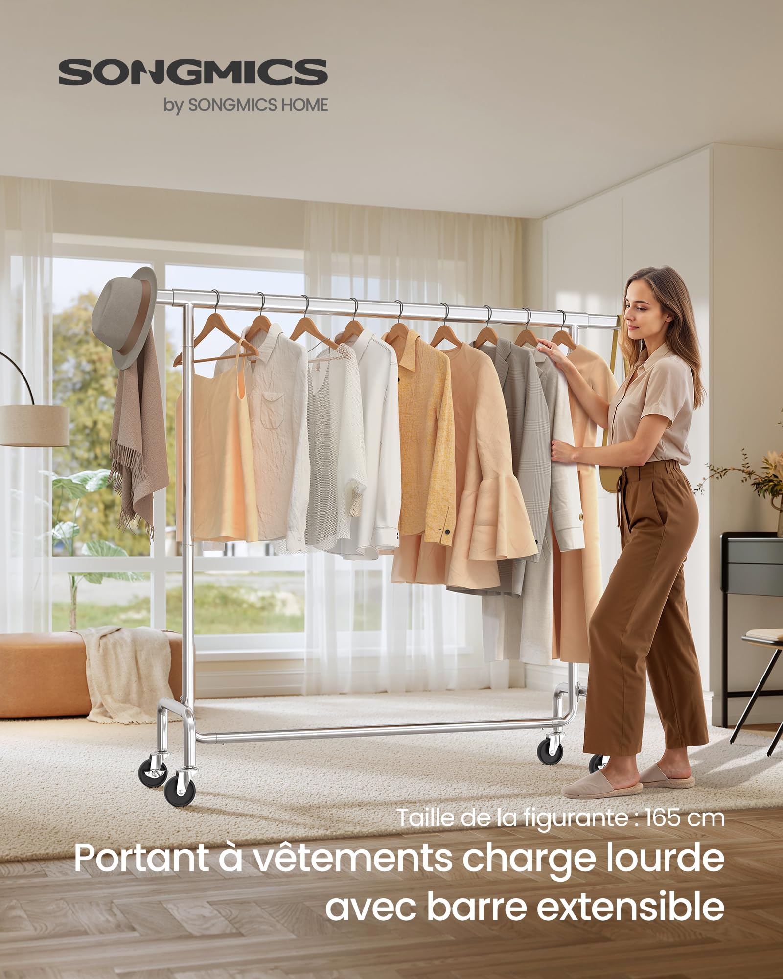 SONGMICS Portant à Vêtements avec Roulettes, Tringle Extensible pour Charge Lourde, Capacité de Charge 130 kg, 45 x (110-150) x 162,9 cm, Porte-manteau, en Métal, Chromé, Argent HSR11S