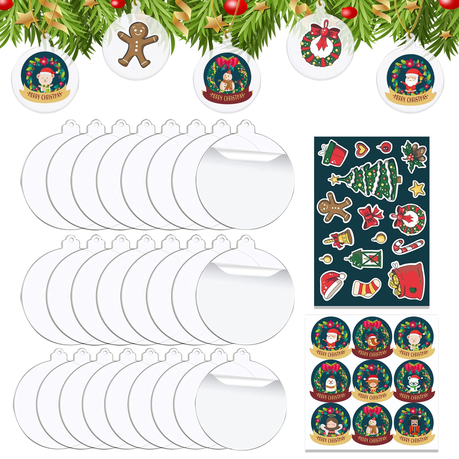 JSTHHTT 25 Palline de Navidad Acrílicas Transparentes 7.5 cm, con 2 Adhesivos Navideños, Adornos para Árbol, Personalizadas, Decoración Suspendida para Fiestas