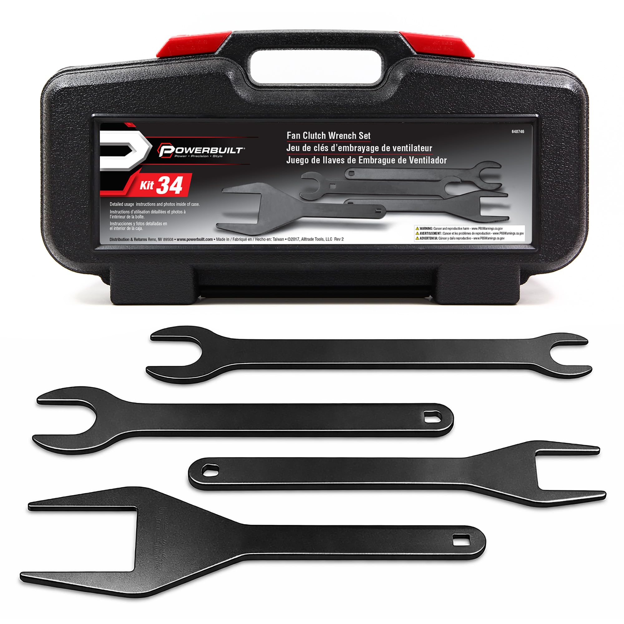 Powerbuilt Fan Clutch Wrench Kit, 4 Piece, Remove Fan Clutches, Ford, Chrysler, Jeep, Some Import Vehicles, Storage Case - 648746, Black