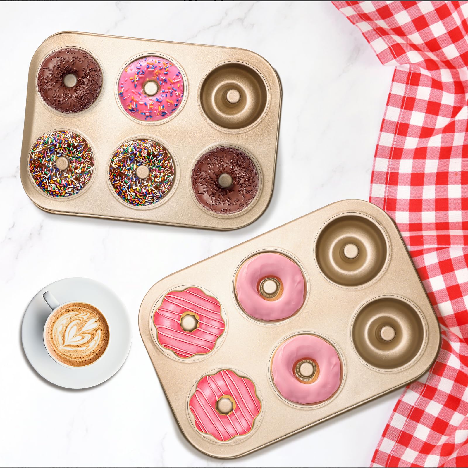 2 moldes para donas de acero al carbono con 6 cavidades para hornear donas, antiadherente, fácil de limpiar y apto para lavavajillas, molde de donas para pasteles, postres y bagel (dorado