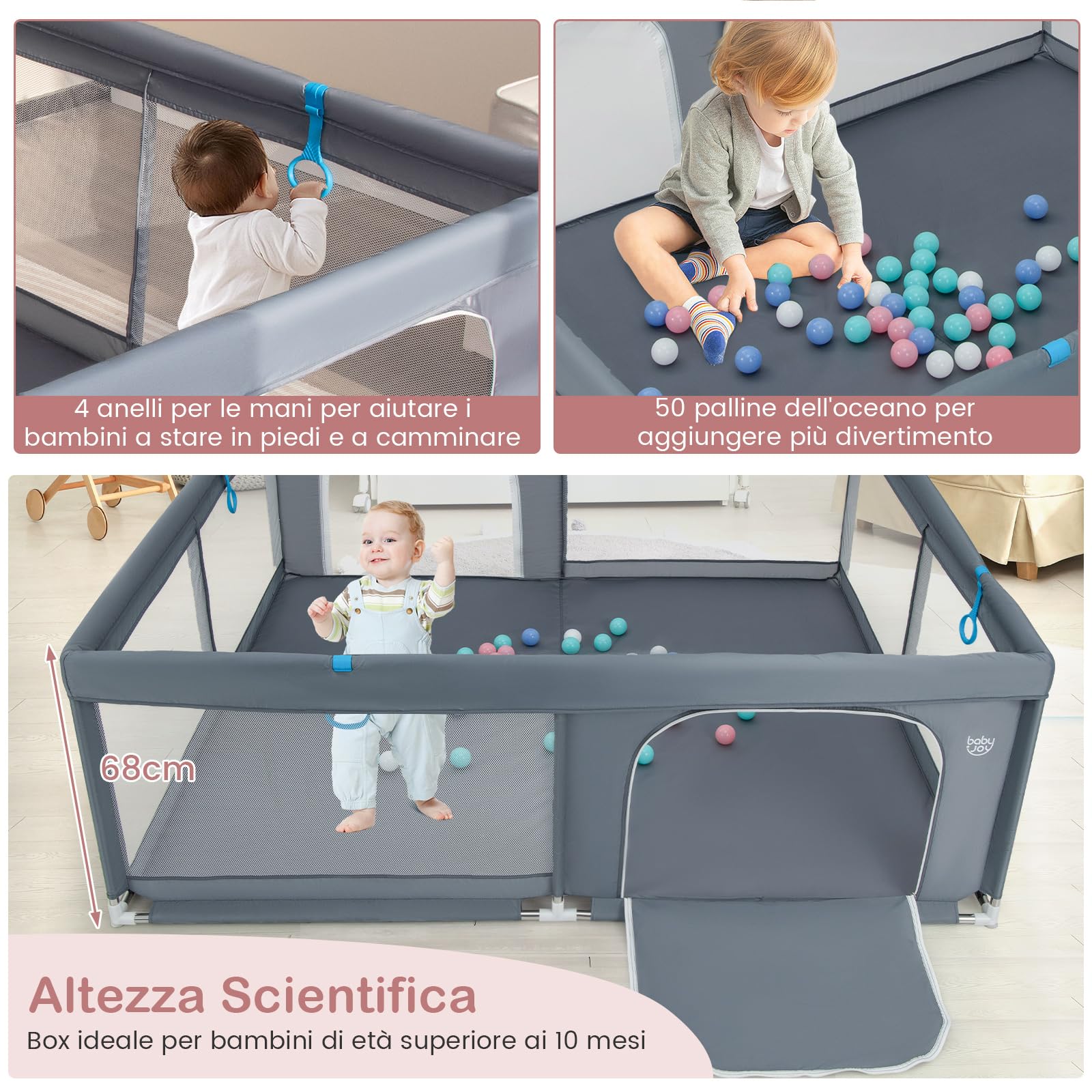 GYMAX 200 x 180 CM Recinto da Gioco per Bambini, Box per Bambini con Rete Traspirante, 50 Palline dell'Oceano e Anelli, Centro Attività con Borsa di Stoccaggio per 0-3 Anni, Blu/Verde/Grigio (Grigio)