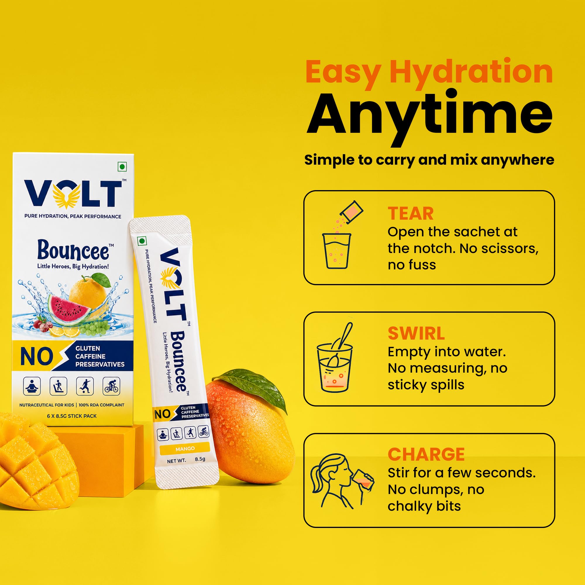Volt Bouncee Kids Electrolyte Drink Mix | Kids Electrolyte Powder with Vitamins | Supports Hydration & Recovery | No Added Sweetener, No Preservatives | Kid‑Friendly Fruit Flavours | 8.5 g x 6 Sachets — Amazon image 8