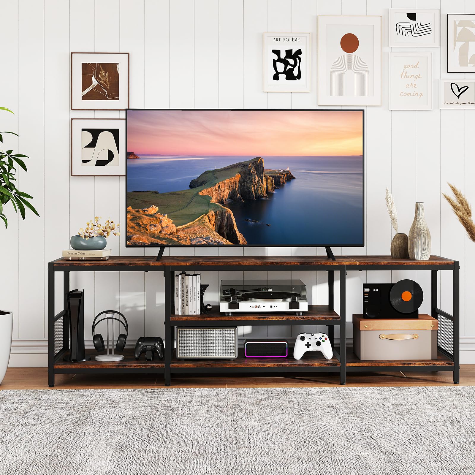 COSTWAY Mobile TV Soggiorno fino a 65", Tavolino TV con Mensole Aperte, Consolle Media Industriale, Centro Intrattenimento Basso Salotto, per Soggiorno Camera da Letto