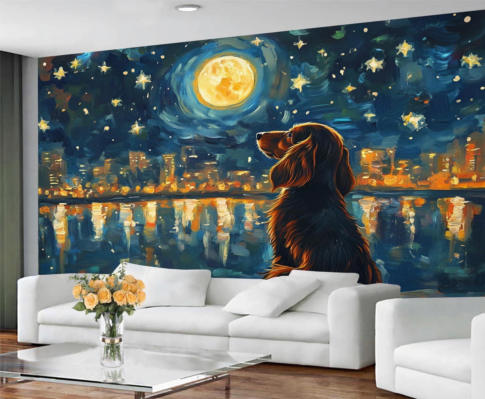 GIVLWF Starry Dog Wallpaper, Abstract Painting Bedroom Wallpaper, Impressionism Wall Paper for Living Room, Not Self Adhesive Pet Puppy Wall Mural, Animal Dog Large Mural & Room Decor — image 1