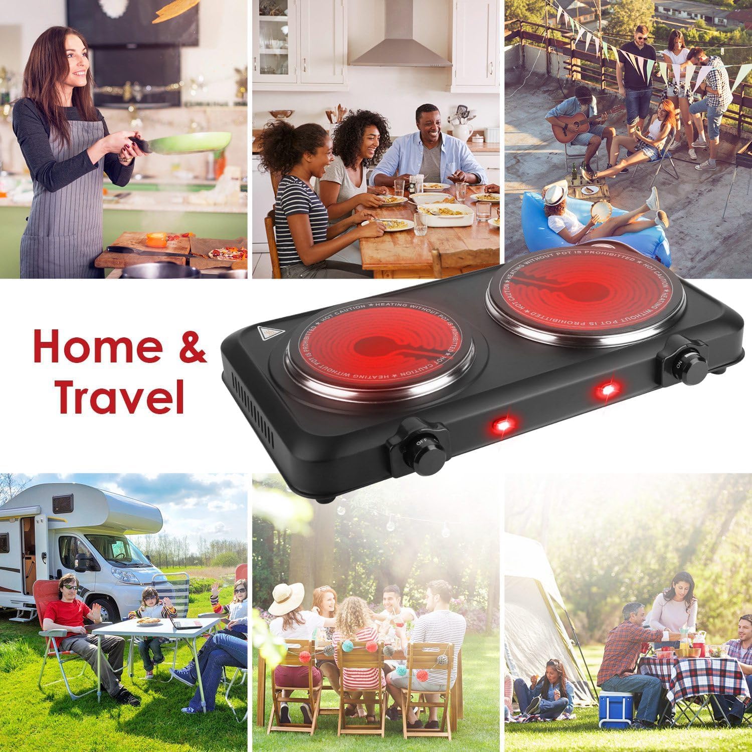 KOCASO 1800W Dual Infrared Burner Hot Plate, 7.5" & 6.3" Glass Cooktop, Stepless Temp Control 302°F-1022°F, Portable Electric Stove for Home, RV, Camping, Dorms