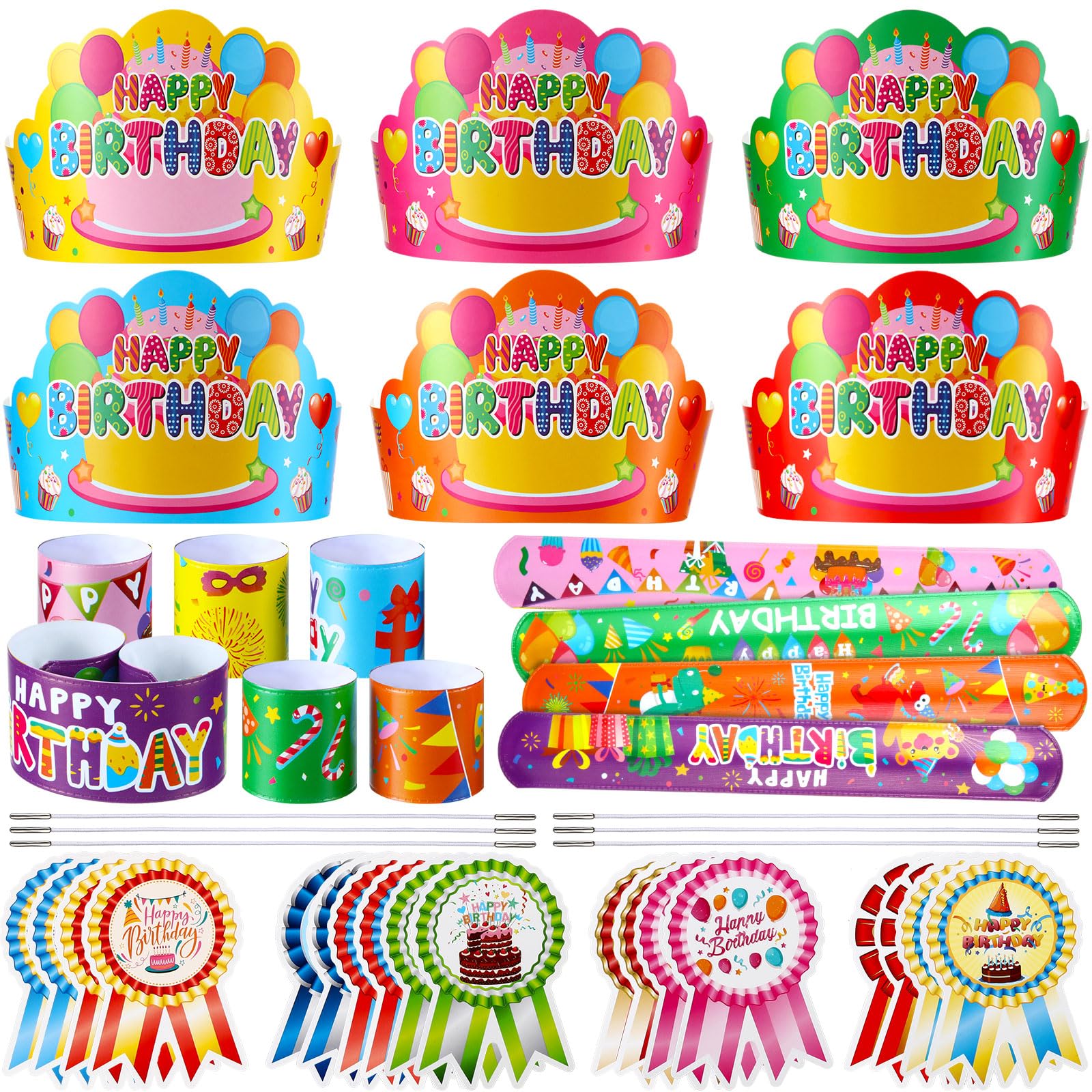 Yunsailing 108 Pcs Happy Birthday Party Supplies for Kids Include 36 Birthday Paper Crowns 36 Badge Stickers and Slap Bracelets for Classroom School Party Supply(Bright Color)