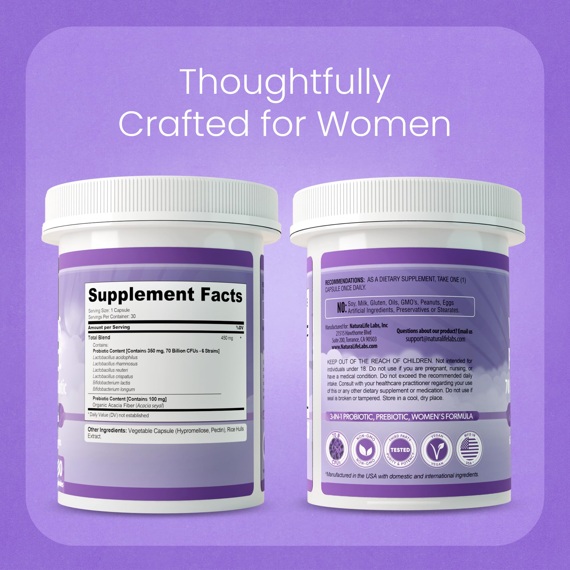 NaturaLife Labs Women's Probiotic 70 Billion CFU with Prebiotic Fiber - 3-in-1 - Supports PH Balance & Digestive Health - 6 Targeted Strains - Delayed Release - Shelf Stable - 30 Capsules — Amazon image 7
