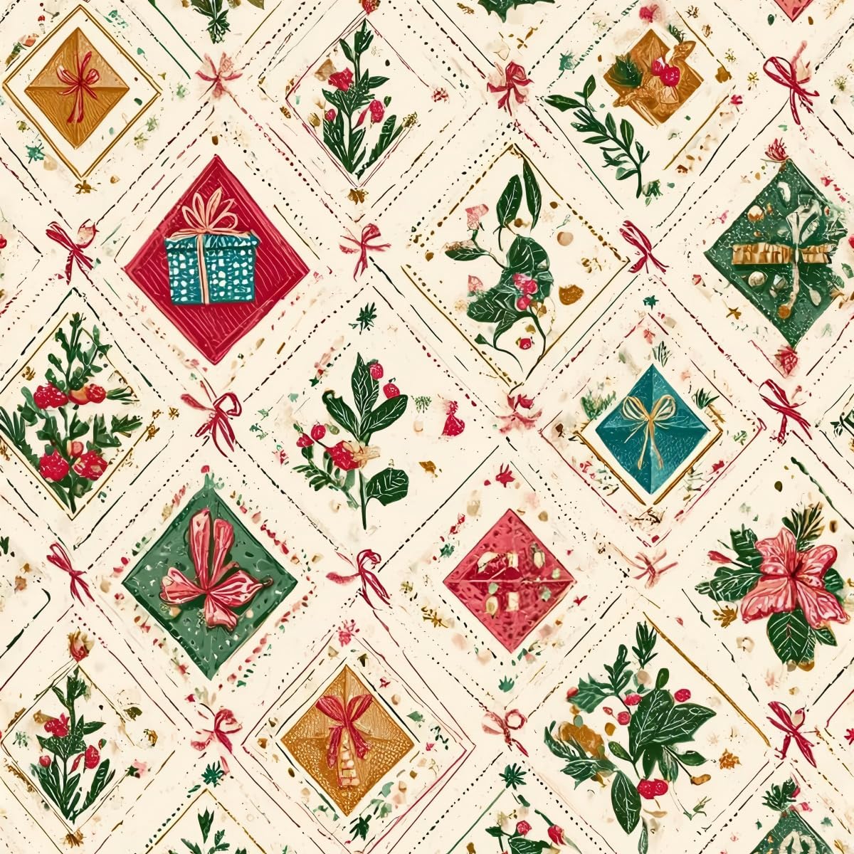 Fiula Quilted Patchwork Wallpaper Peel and Stick - Vintage Floral Gift Box Print Contact Paper, Geometric Diamond Lattice Removable Vinyl for Bedroom 44cm×300cm — image 1