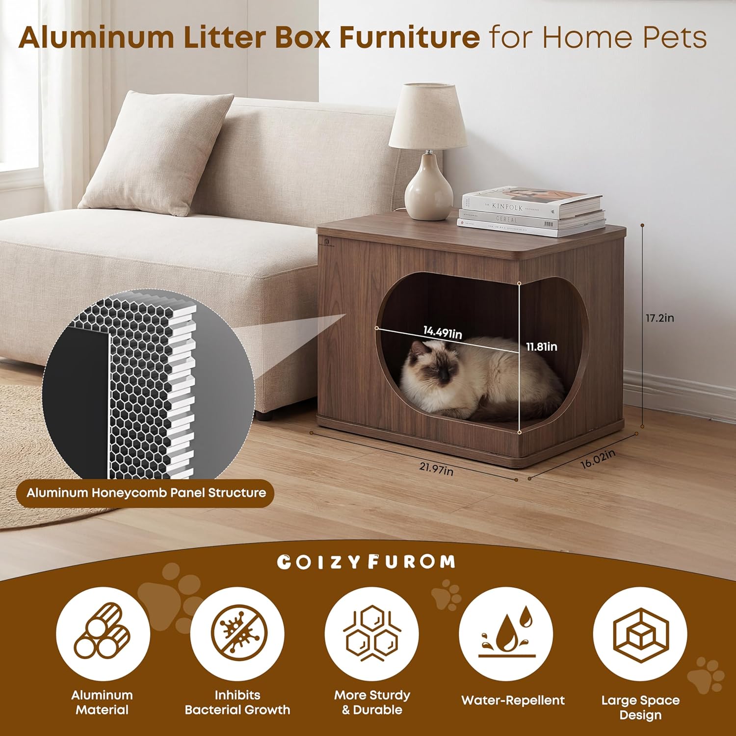 Cat Cabinet Litter Box Aluminum Pet House Side End Table for Indoor and Outdoor, Large Space Cat Hideaway, Dark Walnut