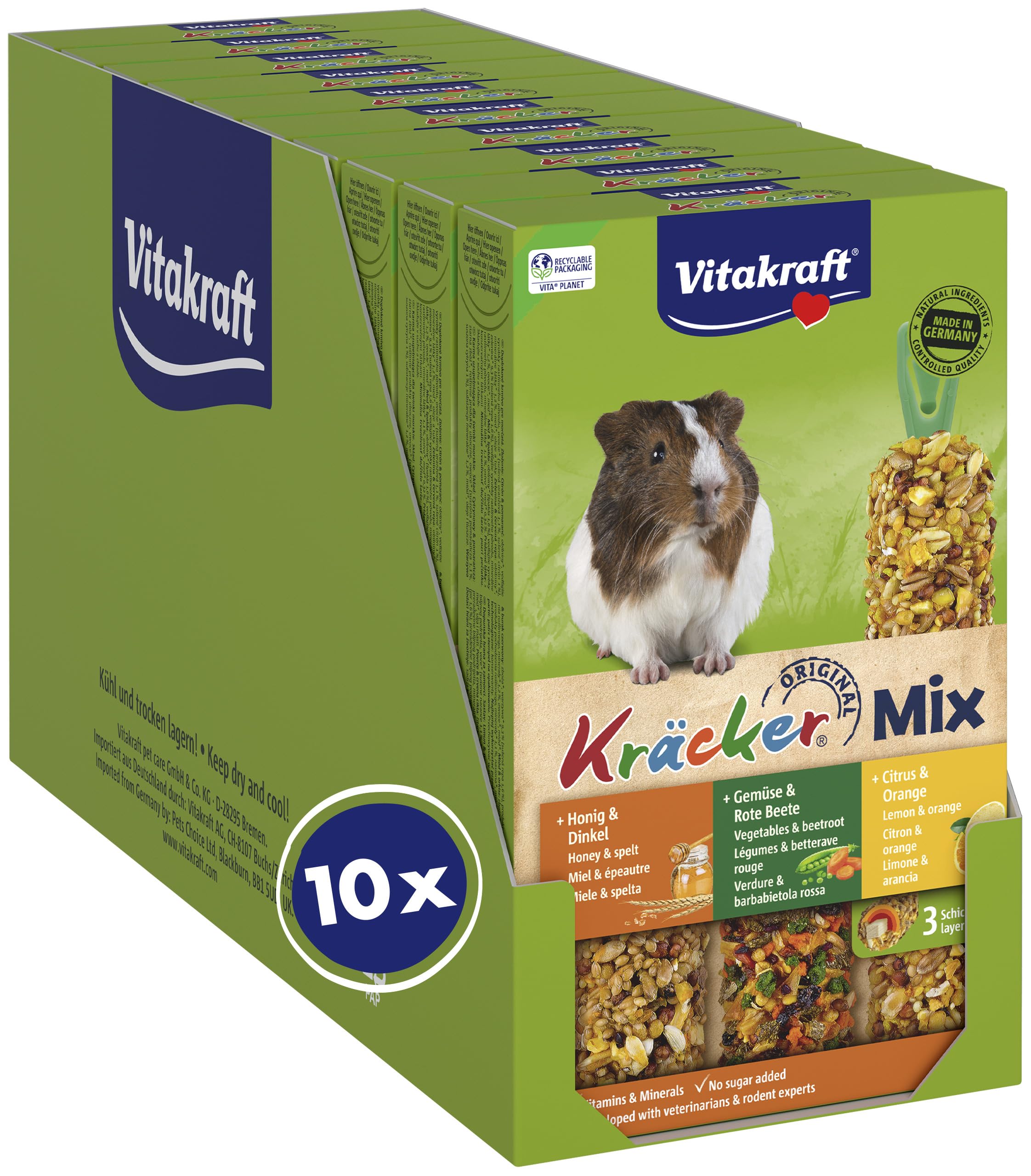 Vitakraft Kräcker Mix, Knabberstangen, für Meerschweinchen, mit Citrus, mit Gemüse, mit Honig, ohne Zusatz von Zucker und Getreide (10x 168g)
