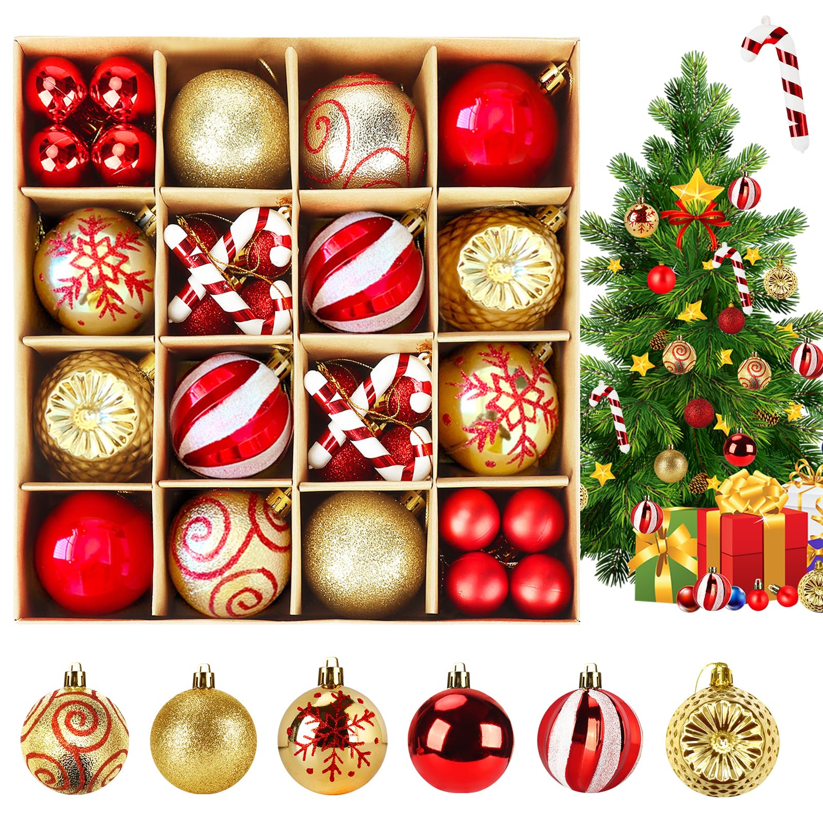 KIMIGO Juego de 40 Bolas de Navidad para árbol,Doradas y Rojas Adornos Arbol Navidad,DecoracióN para Colgar en Fiestas de Temporada,Decoración del Hogar y Decoración de Jardines al Aire Libre