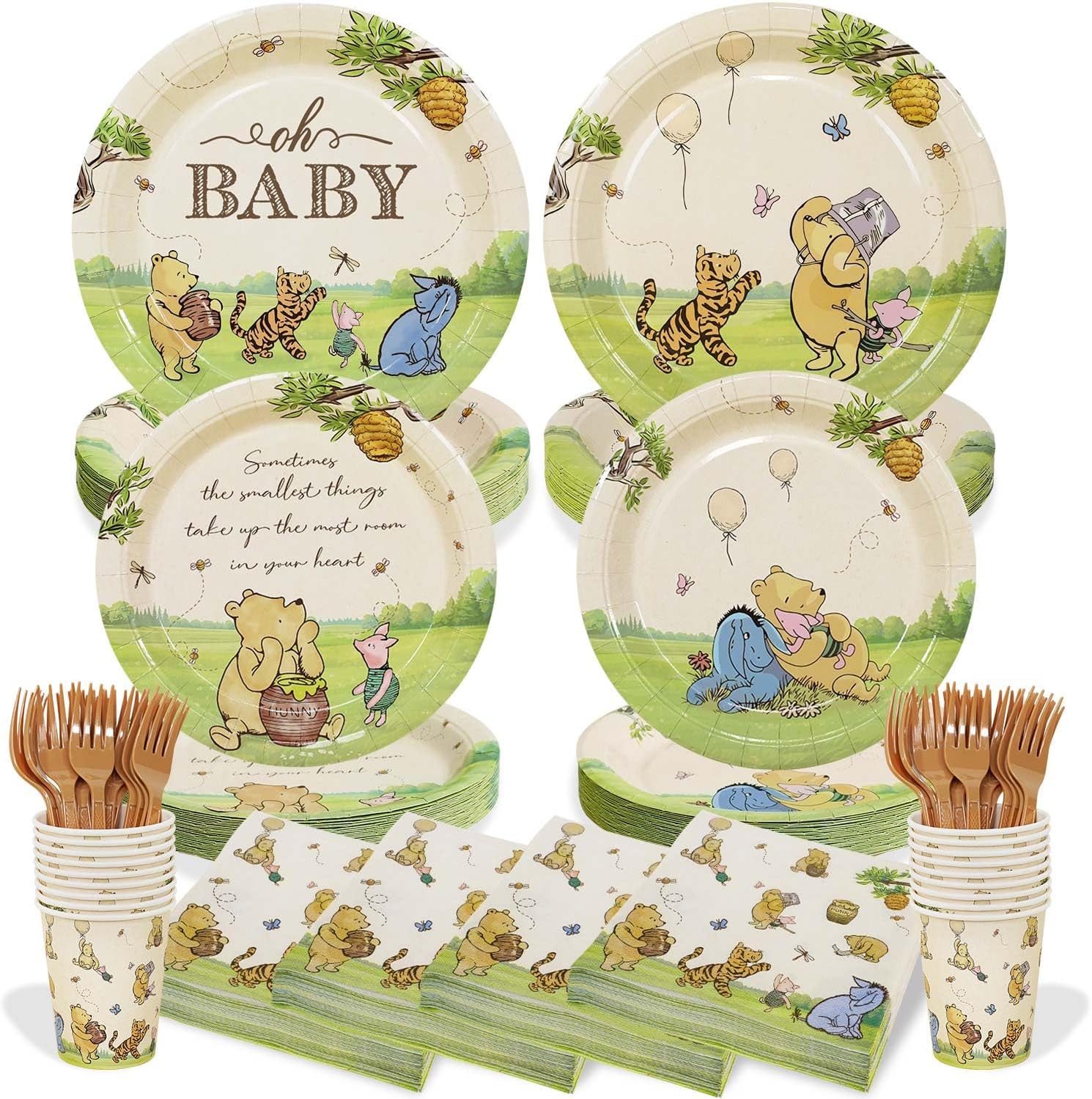 300Pcs Classic Winnie Bear Baby Shower Decorations Plates Set for 50 Guests, Vintage Pooh Bear Oh Baby Plates Napkins Cups Forks Set for Boys Girls Winnie Quotes Gender Reveal Decorations