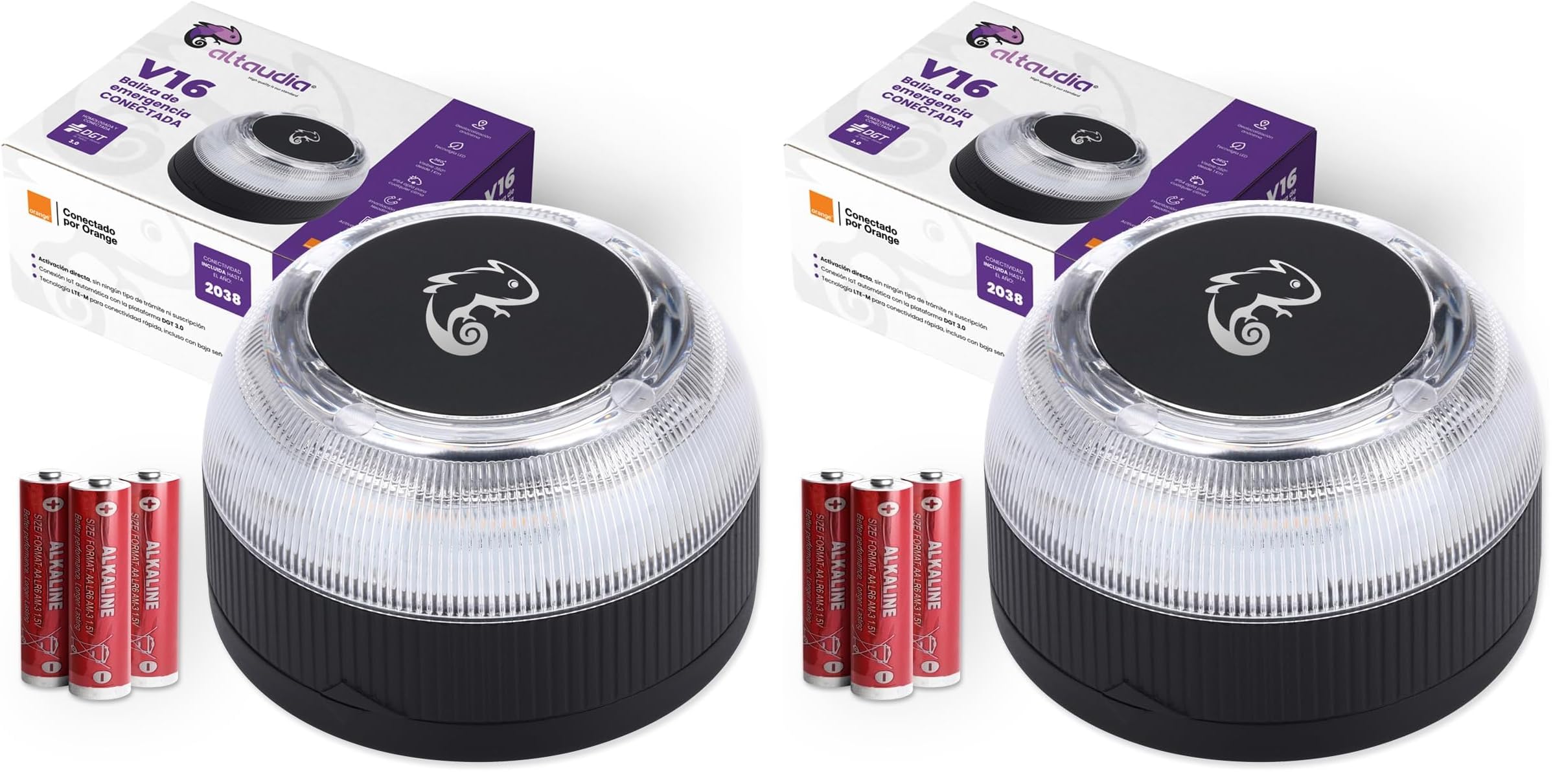 Luz de Emergencia v16 Geolocalizada y conectada DGT 3.0 - Obligatoria desde Enero 2026, Baliza Homologada Automóviles, Visible 1km-360°, Resistente al Agua, Pilas Incluidas, Datos hasta 2038