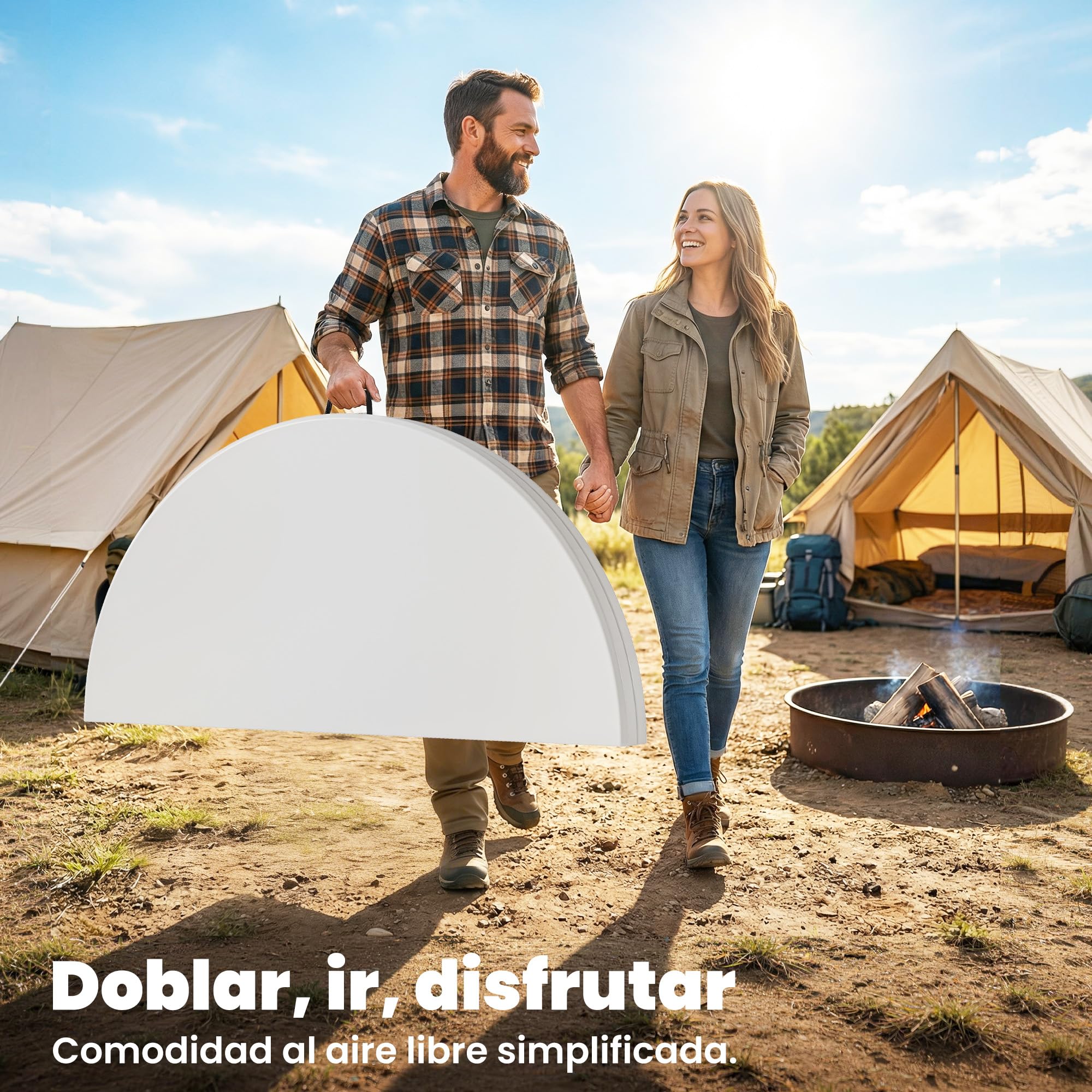 Outsunny Mesa Plegable Camping, 120x120x74 cm, Mesa Plegable Portátil Ligera con Encimera de HDPE, Almohadillas Antideslizantes, Marco Metálico, para Acampar, Senderismo, Playa, Blanco