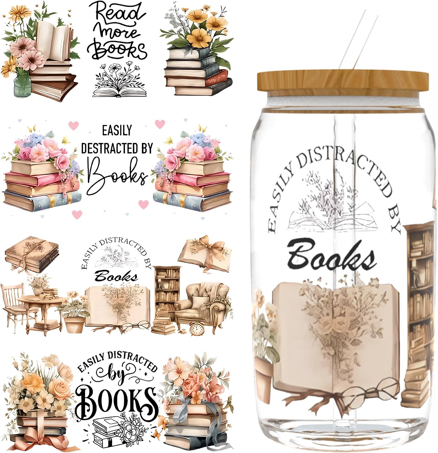 UV DTF Stickers - 4 Sheets Bundle UV DTF Cup Wraps for 16 oz Glass (Books)