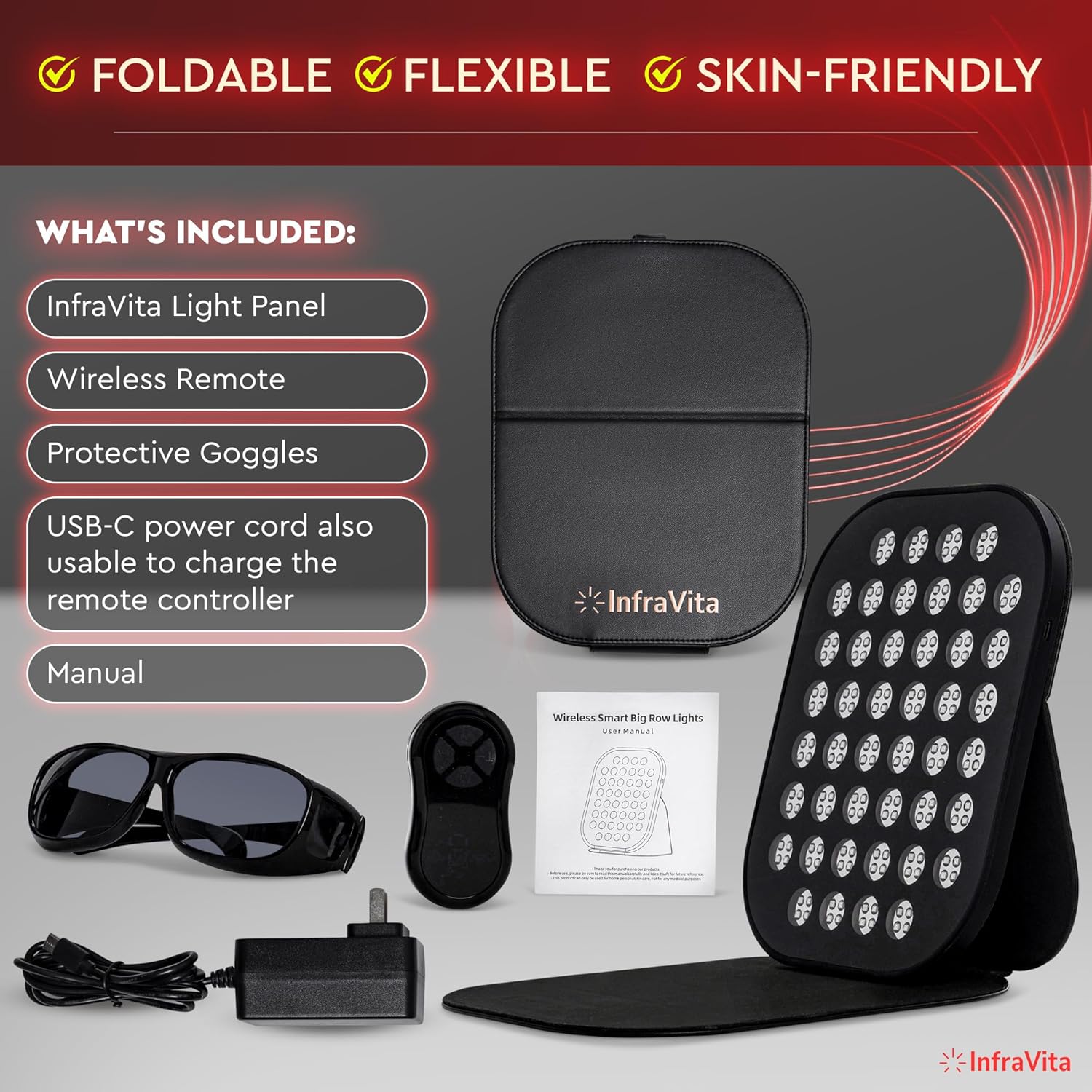 Near Infrared & Red Light Therapy Panel – 220 LEDs | 5 Light Wavelengths | 7 Wellness Modes | Foldable Design, Wireless Remote | red Light Therapy for face, Skin & Body Comfort
