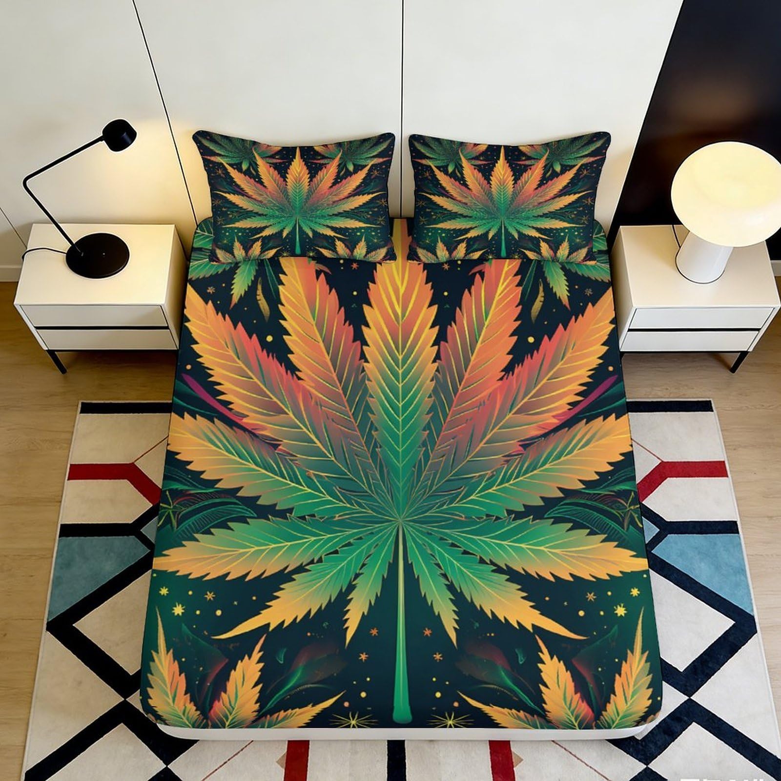 Uxinyoume Style-5 3D Printed Colorful Cannabis Leaf Fitted Sheet Microfiber Non-Slip Bed Cover For Bedroom Dorm Mattress Decor 90X200x25cm