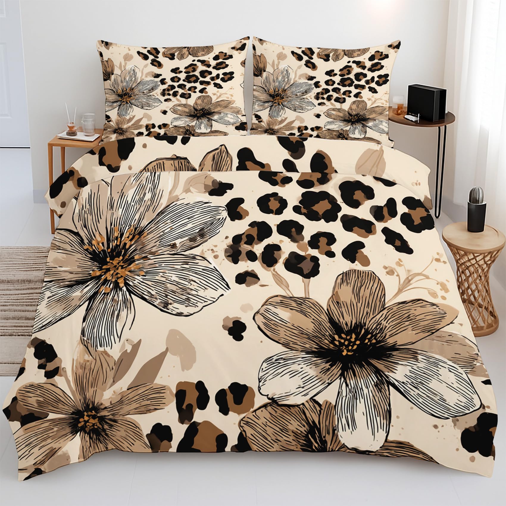 Parure de Lit 200 x 200 Léopard en Microfibre avec Housse de Couette Marron Floral pour Adulte 3 Pcs