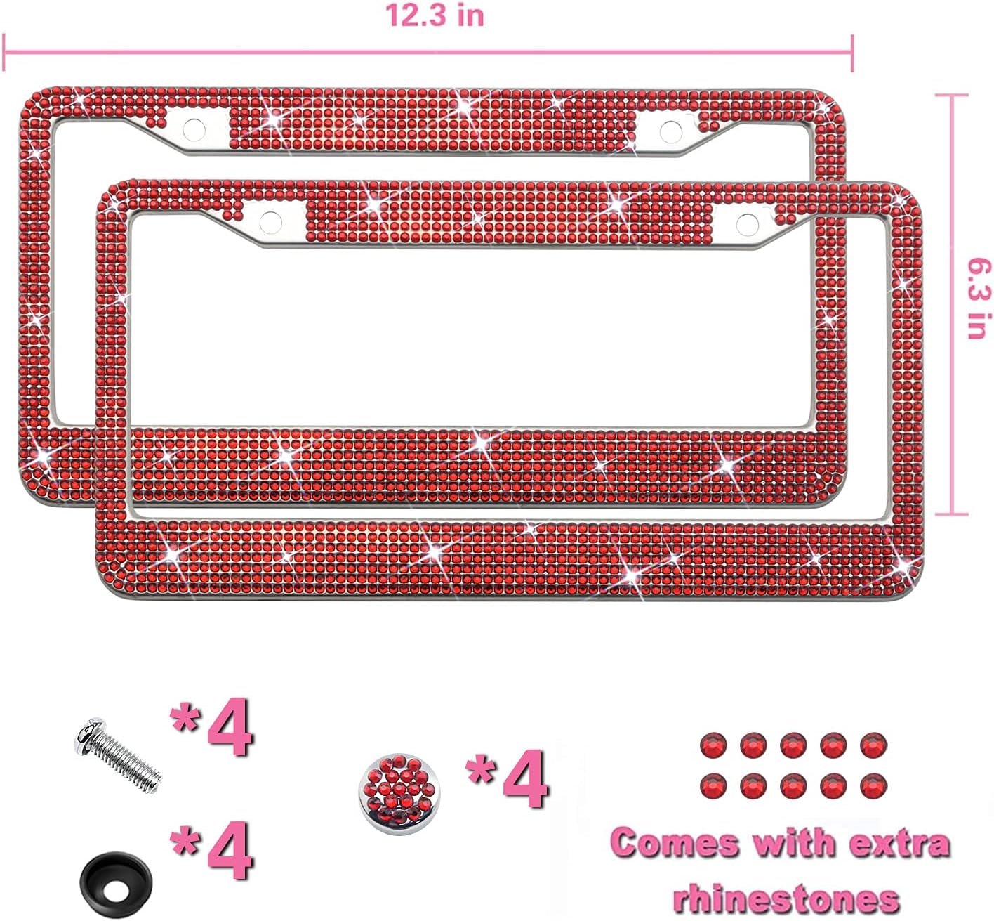 Bling License Plate Frame for Women, Sparkly Stainless Steel License Plate Frames| Over 1200 pcs 14 Facets Bedazzled Clear Glass Diamond Rhinestone Crystals w/Free Glitter Diamond+GiftBox（Red）