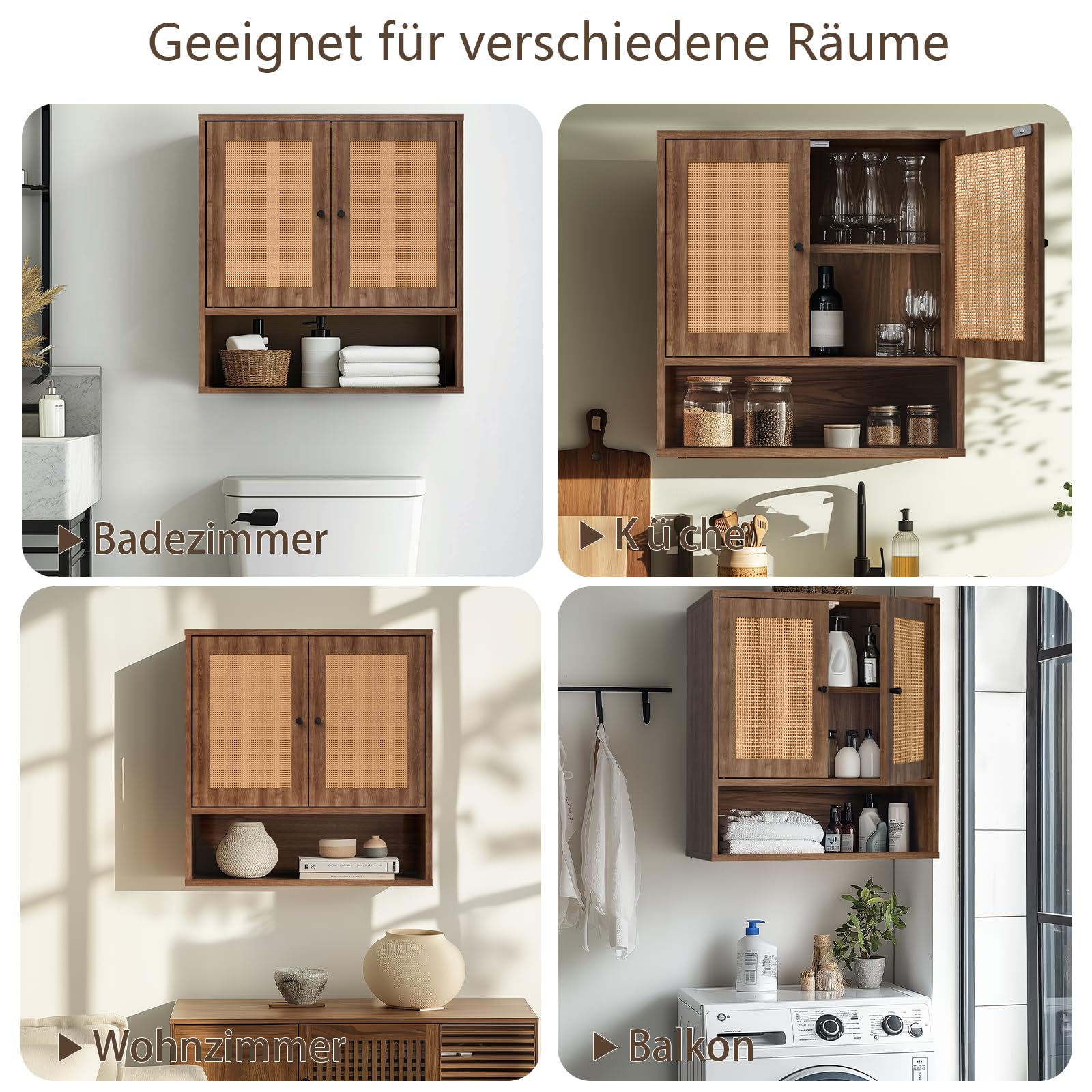 Hängeschrank Bad Badezimmerschrank Wandmontiert, Rattan Hängeschrank mit 2 Türen & offener Ablagekammer, Aufbewahrungsregal über Toilette, Wandregal für Badezimmer Küche Wohnzimmer Waschküche, Walnuss