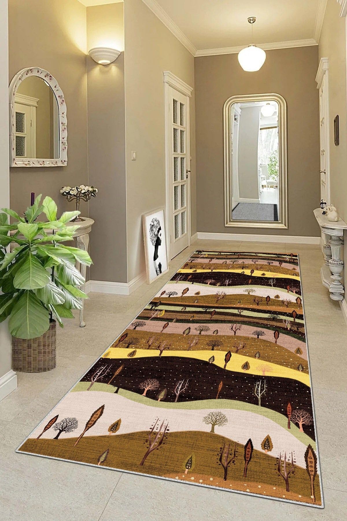 Pelangi Ağaç Desenli Sonbahar Renkleri Dijital Baskı Yıkanabilir Modern Salon Halı ve Yolluk, Kahverengi 100 x 300, 95552851003007