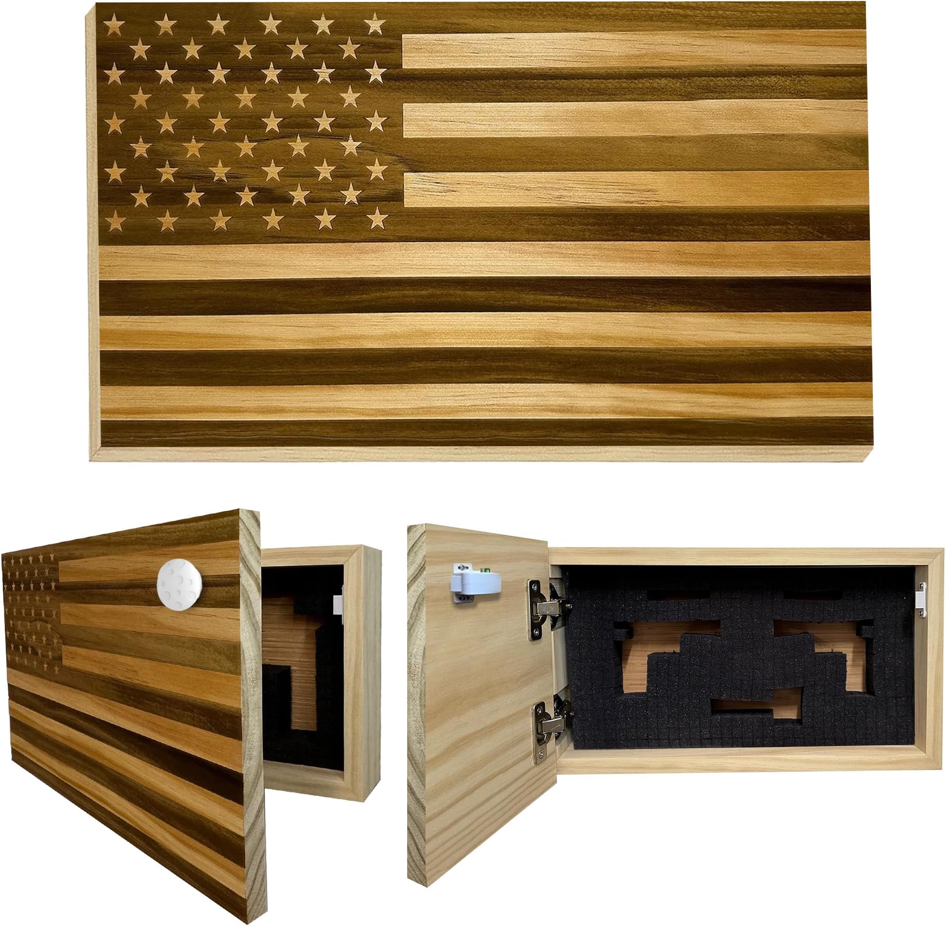 American Flag Hidden Gun Safe - Quick Access Hidden Gun Shelf - Concealment Shelf with Magnetic Lock - Wall Gun Safe for Secure Firearm Storage - Handcrafted In USA by Bellewood Designs (Natural)